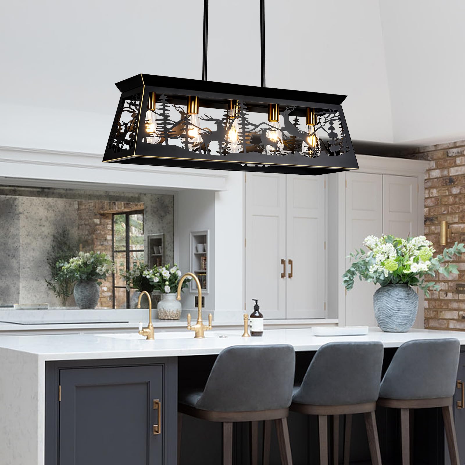 32-Inch Black Rustic Farmhouse Chandelier - 5-Light Kitchen Island Lighting, Deer Design Dining Room Fixture for Rustic Decor, Perfect Over Tables in Dining Rooms and Kitchens