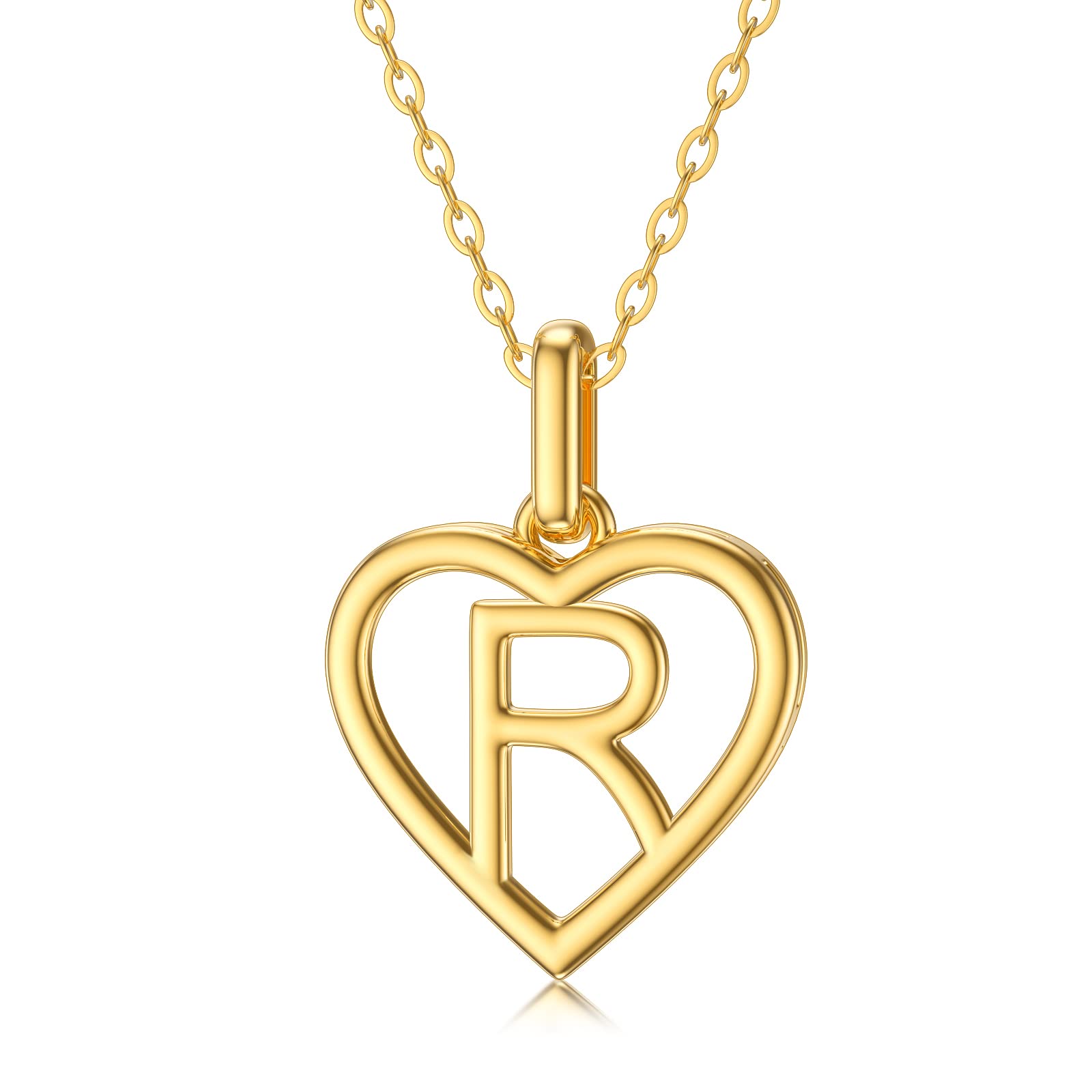 14K Solid Gold Heart Initial Necklace for Women - Personalized Letter A Pendant with 18