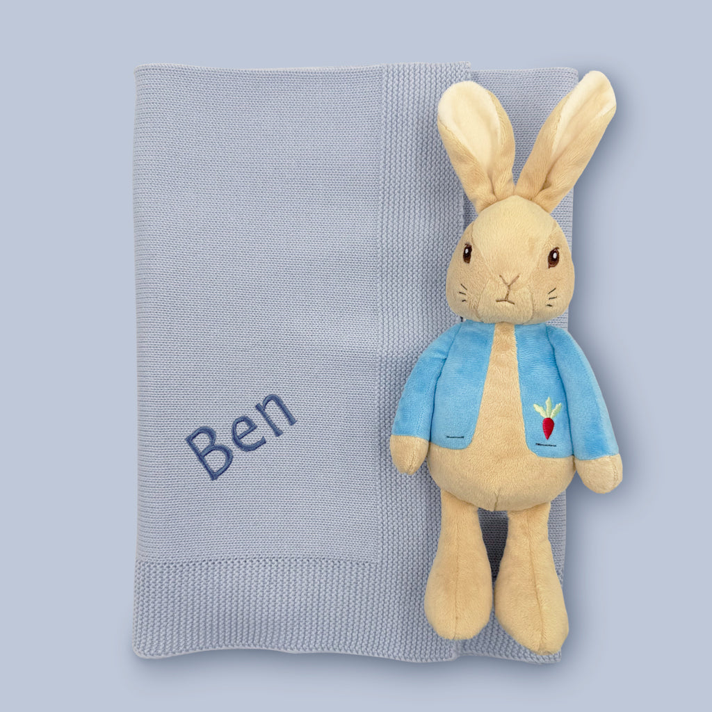 Personalized Peter Rabbit Baby Gift Set with Knitted Blanket - Blue | Newborn Shower, Christening, First Birthday Present for Boys & Girls