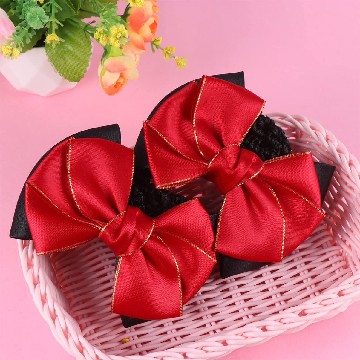 LALAFINA 2pcs Bun Hair Nets with Bow - Women's Organza Hair Accessories for Office, Work & Professional Use - Large Hair Bun Snood & Hairclips (Red) - Perfect for Business, Weddings & Formal Events