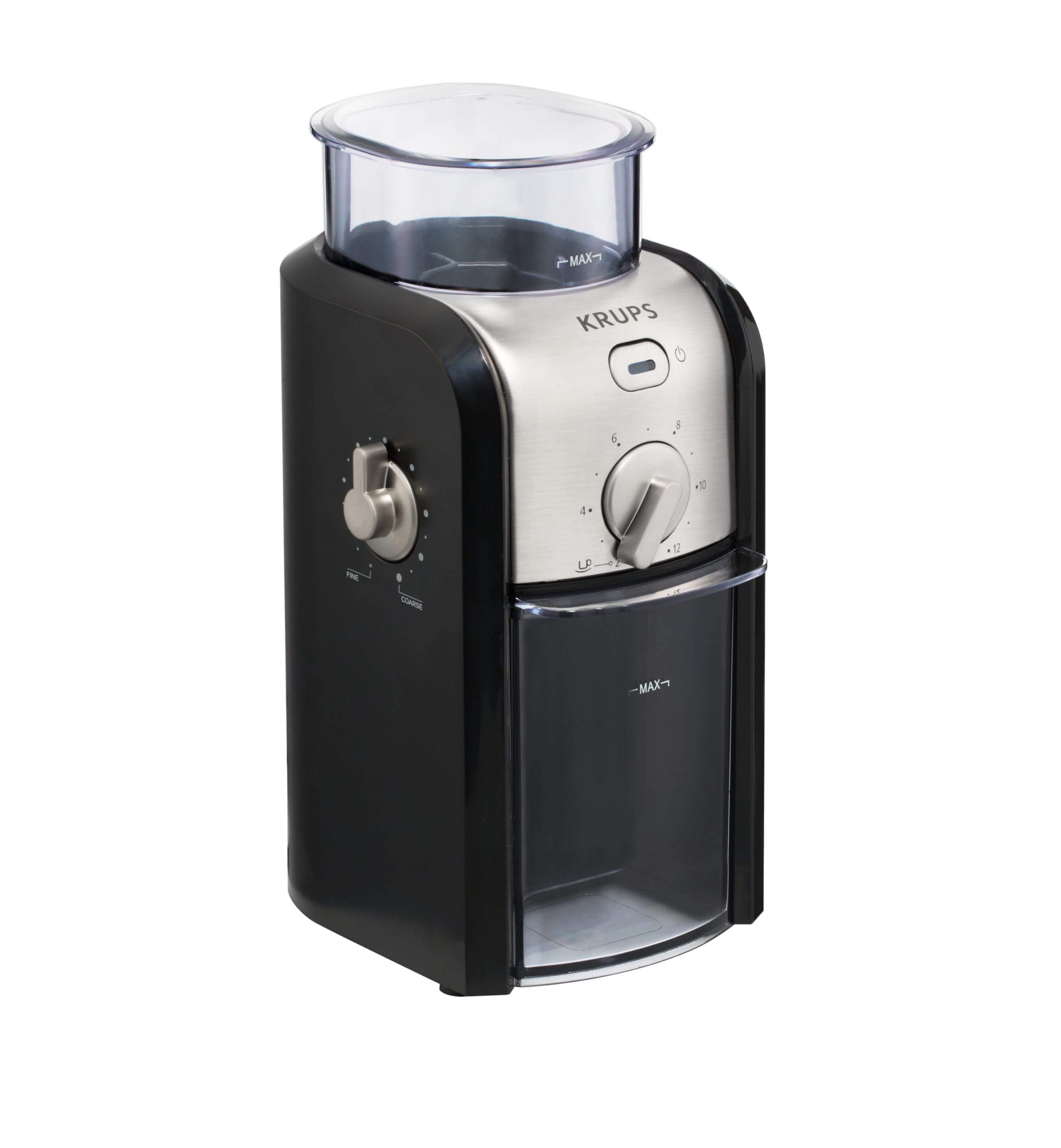 KRUPS Stainless Steel Flat Burr Coffee Grinder - Adjustable Grind Size & Cup Selection - 8-Ounce Capacity - Black & Metal Design for Espresso, French Press & Pour Over Coffee Brewing