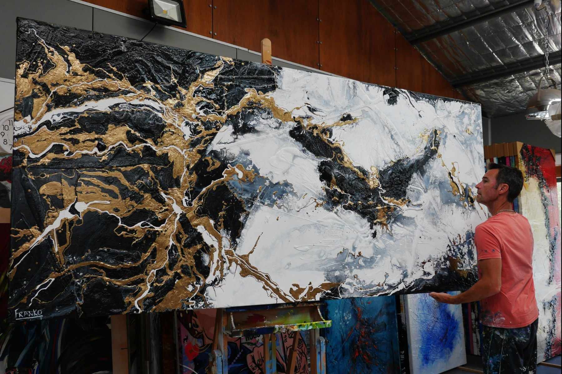270cm x 120cm Black White Gold Grey Textured Abstract Canvas Painting - Modern Large Wall Art for Living Room, Bedroom & Office Decor