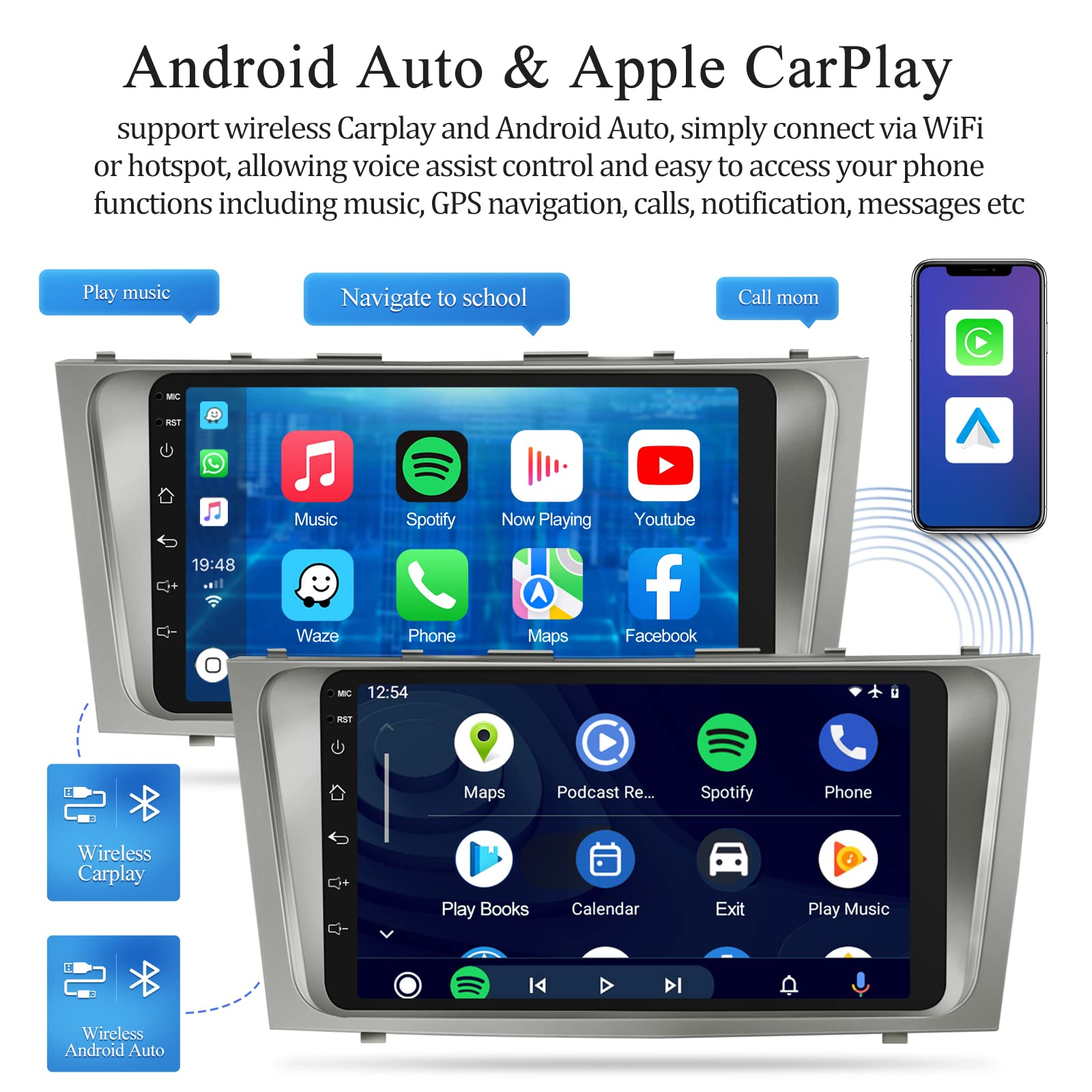 NHOPEEW 9 Inch Android 13 Car Stereo for Toyota Camry 2007-2011 | 2GB RAM 32GB ROM | Wireless Apple CarPlay & Android Auto | GPS Navigation, Bluetooth, WiFi | HD Touchscreen with Backup Camera & Mic - Perfect for Commuting, Road Trips & Hands-Free Driving