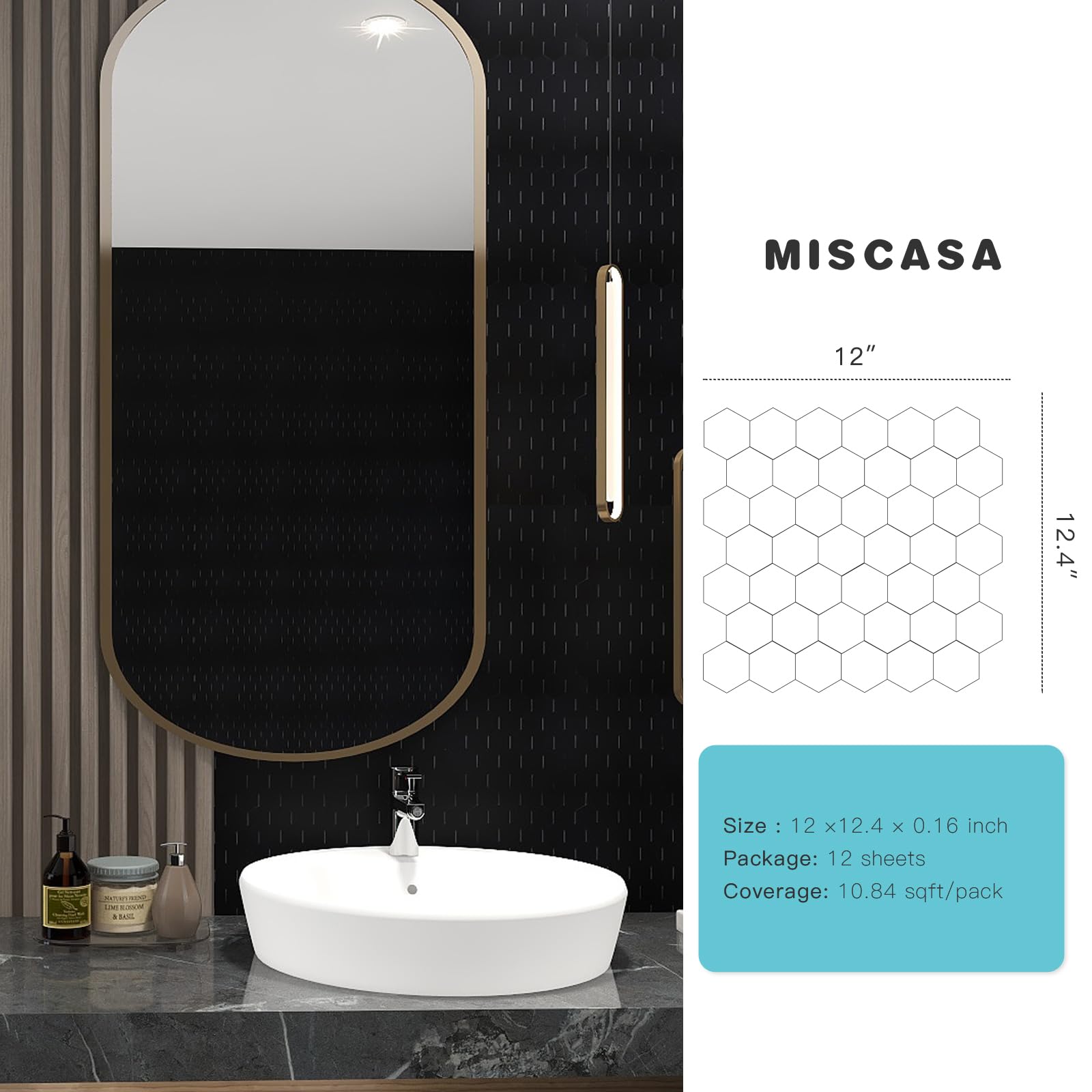 Hexagon Peel and Stick Black Tile Backsplash - Self Adhesive Aluminum Composite Panel for Kitchen Wall (12 Sheets) - Easy DIY Home Upgrade for Backsplash, Bathroom & Laundry Room