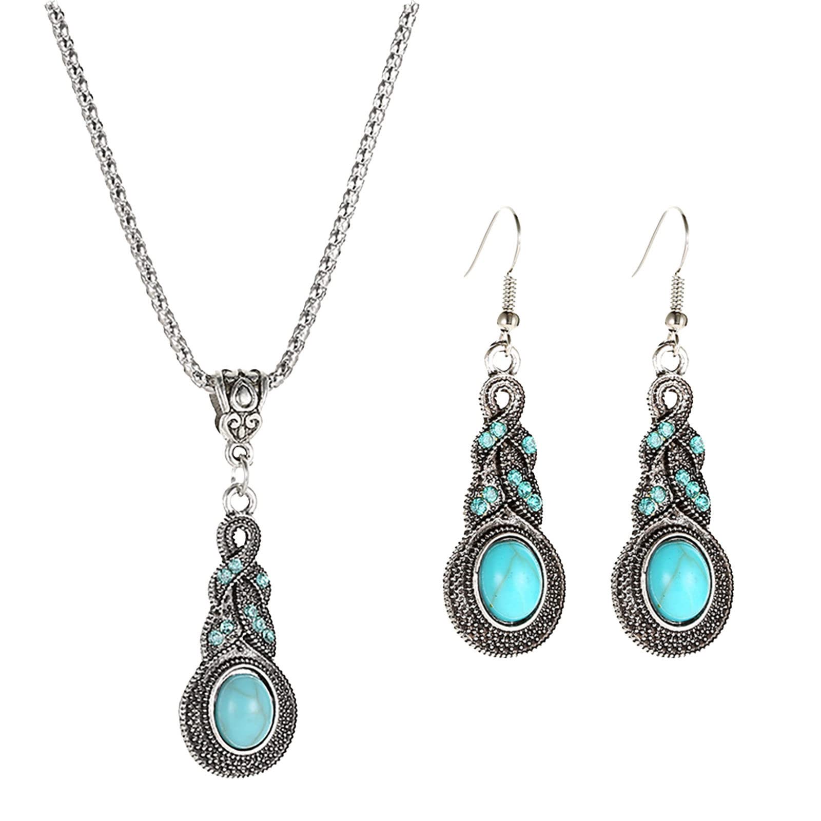 Turquoise Vintage Teardrop Bohemian Necklace & Earrings Set - Western Dangle Jewelry for Women | Perfect for Boho Fashion, Festivals & Casual Wear
