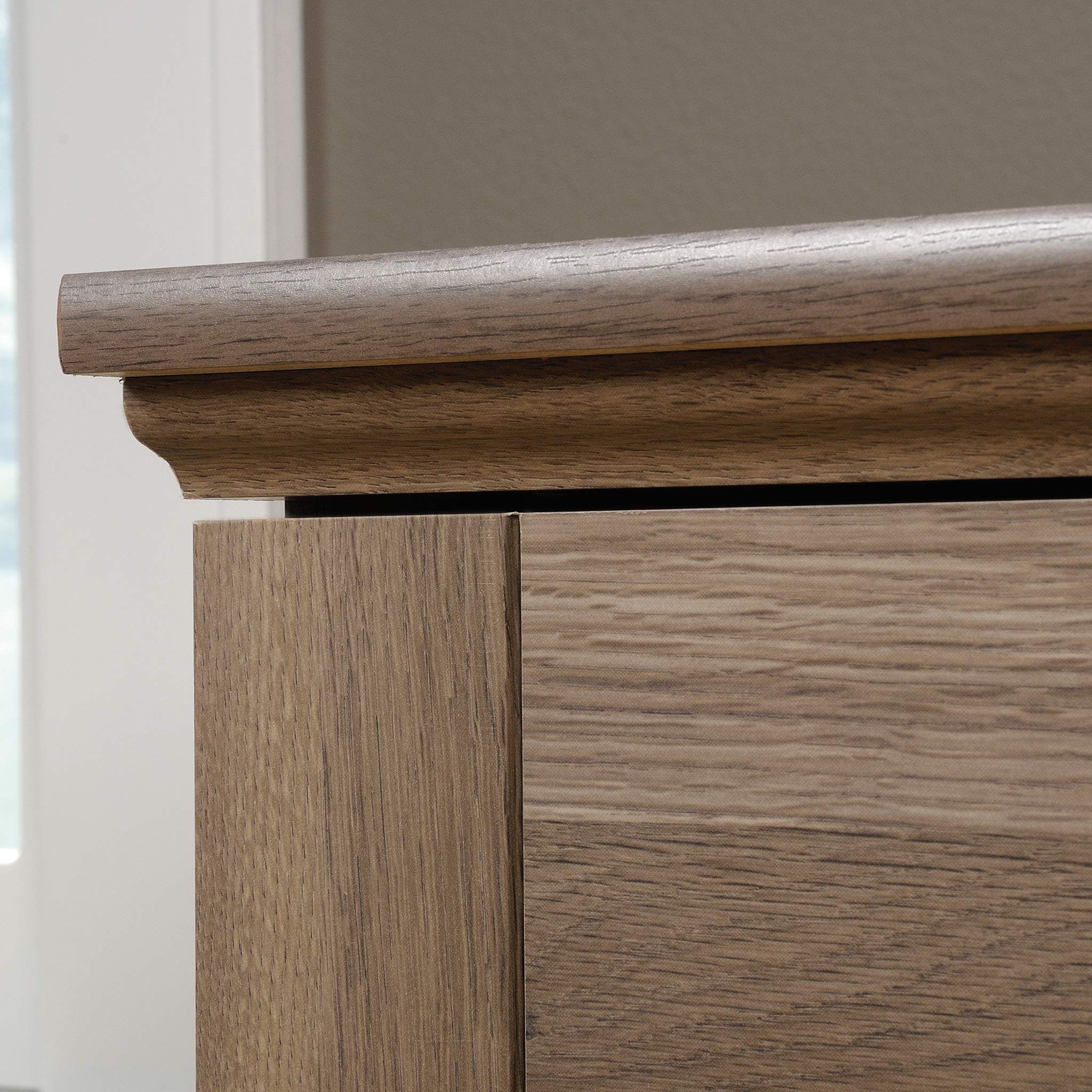 Sauder Harbor View Computer Desk - Salt Oak Finish - Home Office Desk for Work & Study - Compact Writing Desk with Storage Shelf