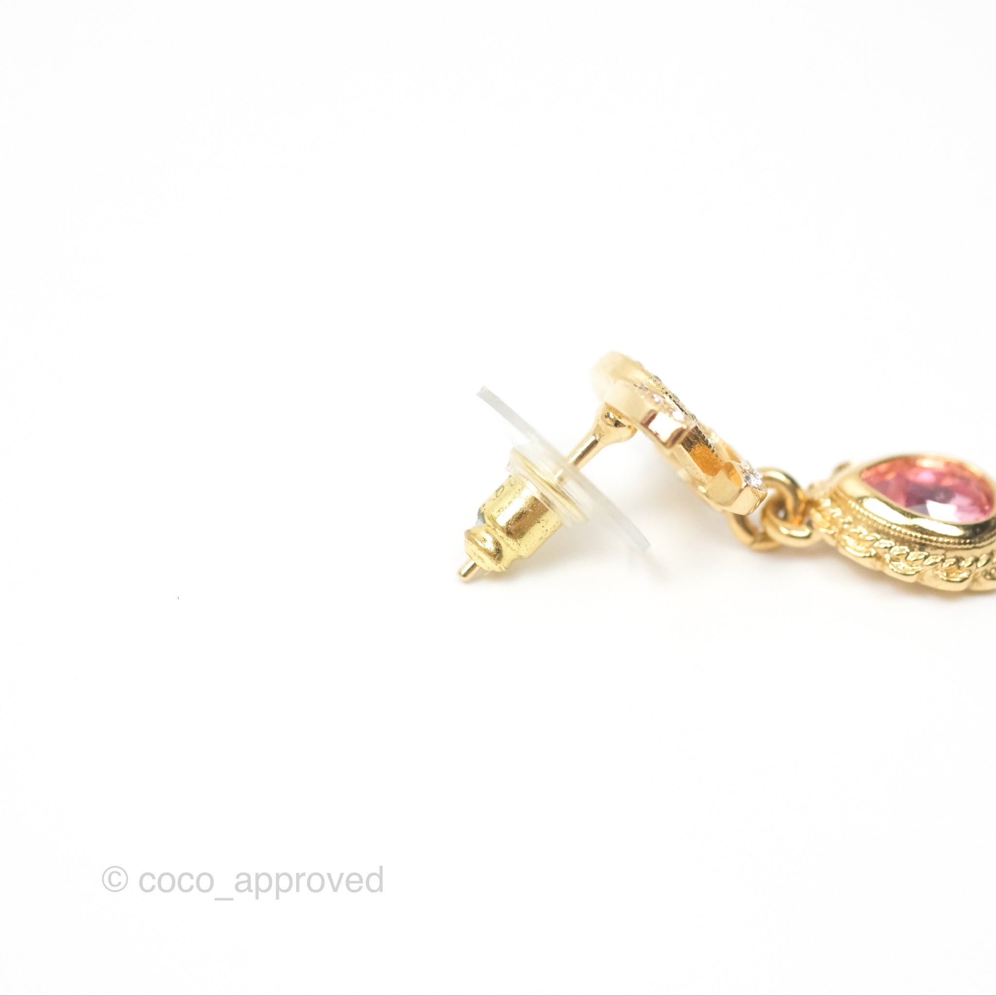 Chanel CC Crystal Pink Tear Resin Drop Earrings 22K Gold Tone - Elegant Dangle Earrings for Women, Perfect for Parties, Weddings & Special Occasions