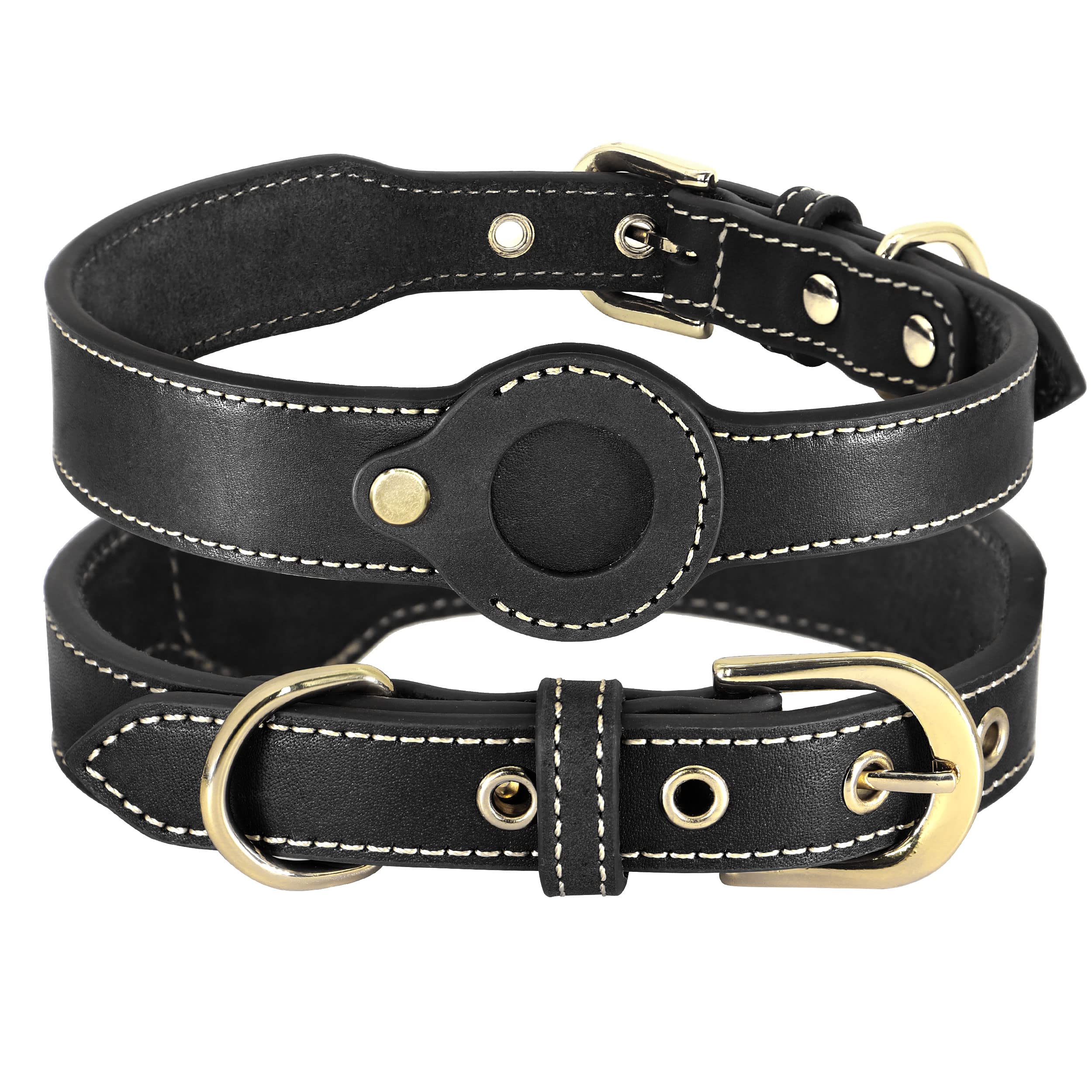 Durable Leather Dog Collar with Tracking Tag Holder - Compatible with GPS Trackers, Anti-Lost Pet Collar Adjustable for Medium & Large Dogs - Lightweight & Comfortable for Daily Walks, Hiking & Outdoor Adventures (Black, M)