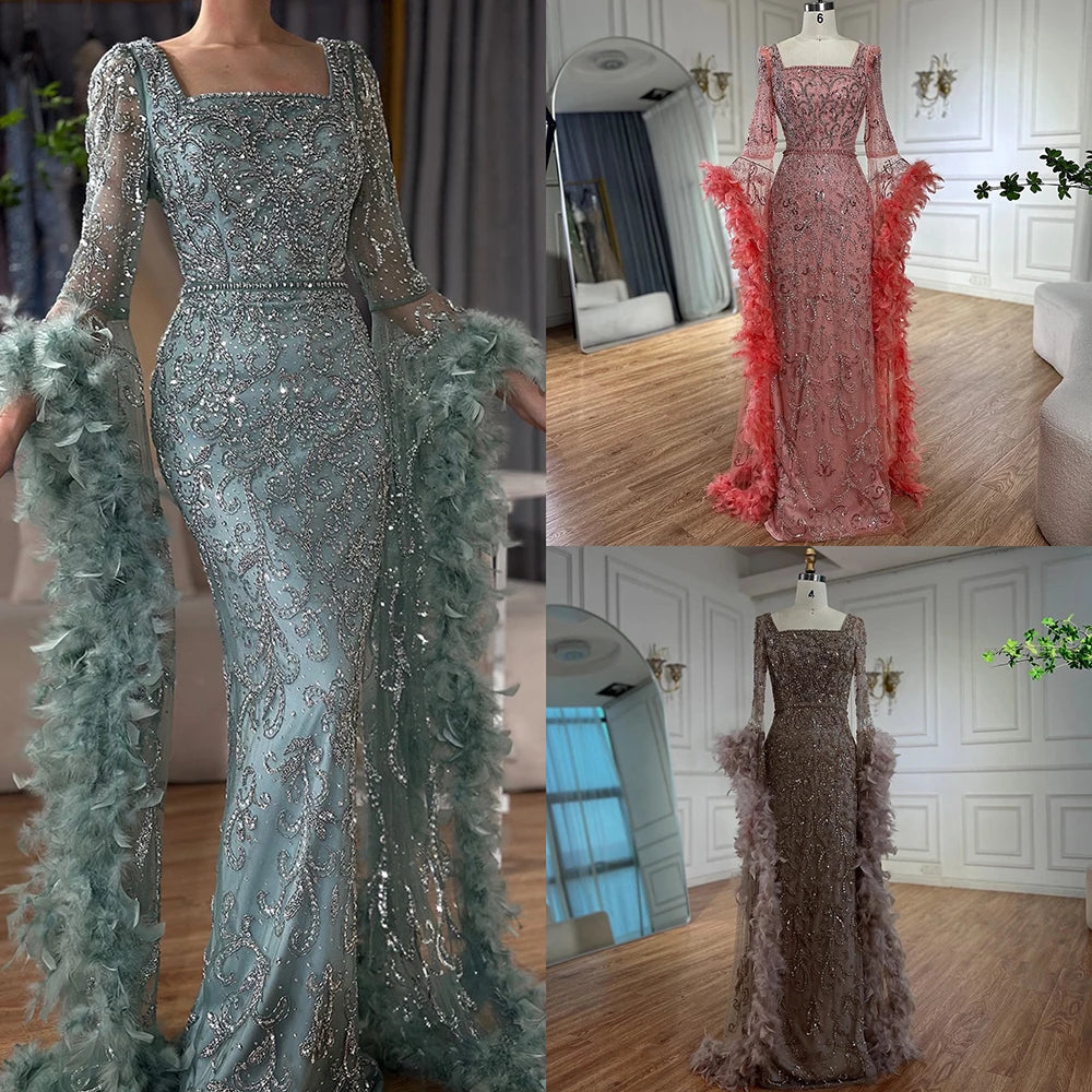 Luxury Dubai Flared Sleeves Mermaid Evening Gown with Turquoise Beads & Feathers - Formal Dresses for Prom, Gala & Special Occasions - LA72767