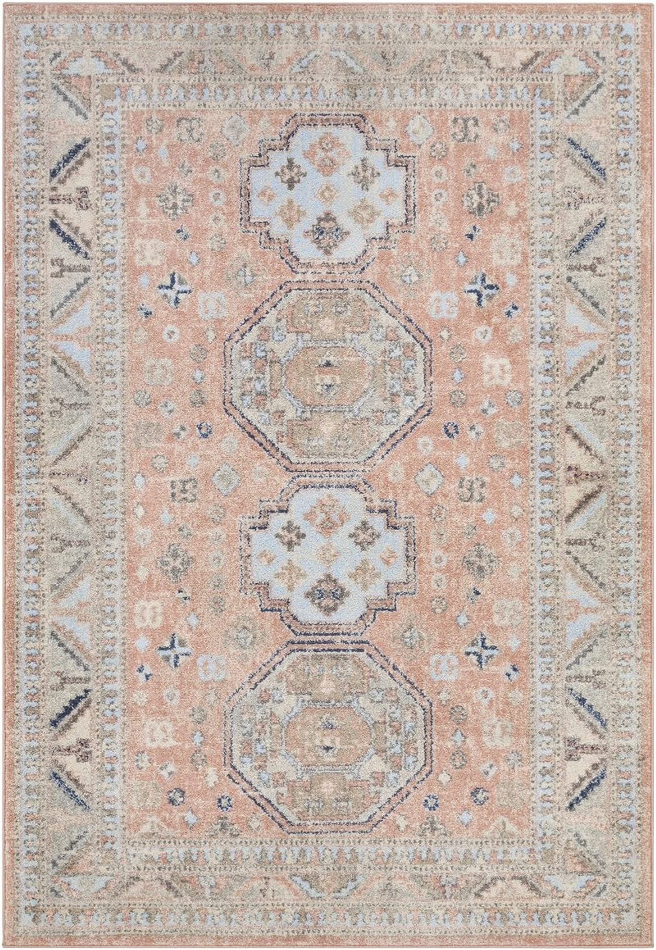 Mark&Day 5x7 Fribourg Traditional Coral Area Rug - Non-Slip Pink Blue Carpet for Living Room, Bedroom, Kitchen - Soft & Durable (5'3