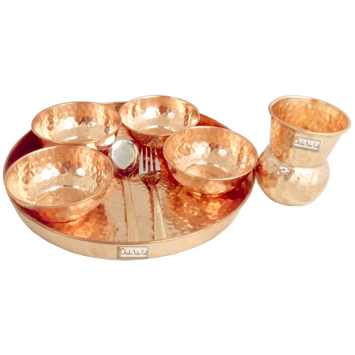 Prisha India Craft Pure Copper Thali Set - 12 Inch Dinner Plate with 1800ml Copper Jug Pitcher | Traditional Indian Dinnerware for Festivals, Weddings & Ayurvedic Meals