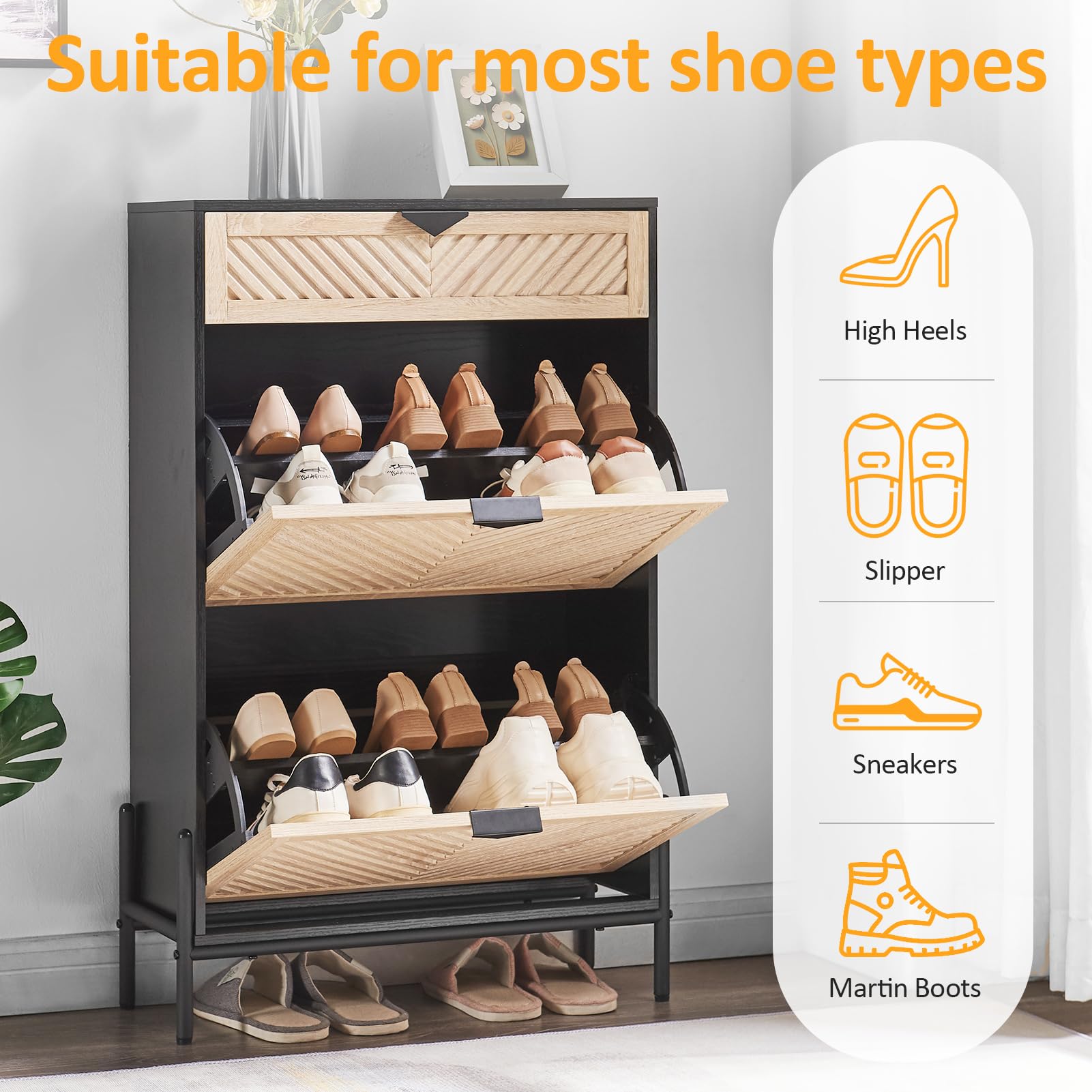 2-Tier Flip-Drawer Shoe Storage Cabinet - Narrow Freestanding Shoe Organizer for Entryway & Front Door - Space-Saving Oak Shoe Rack for Small Spaces - Perfect for Apartments, Dorms & Closet Organization