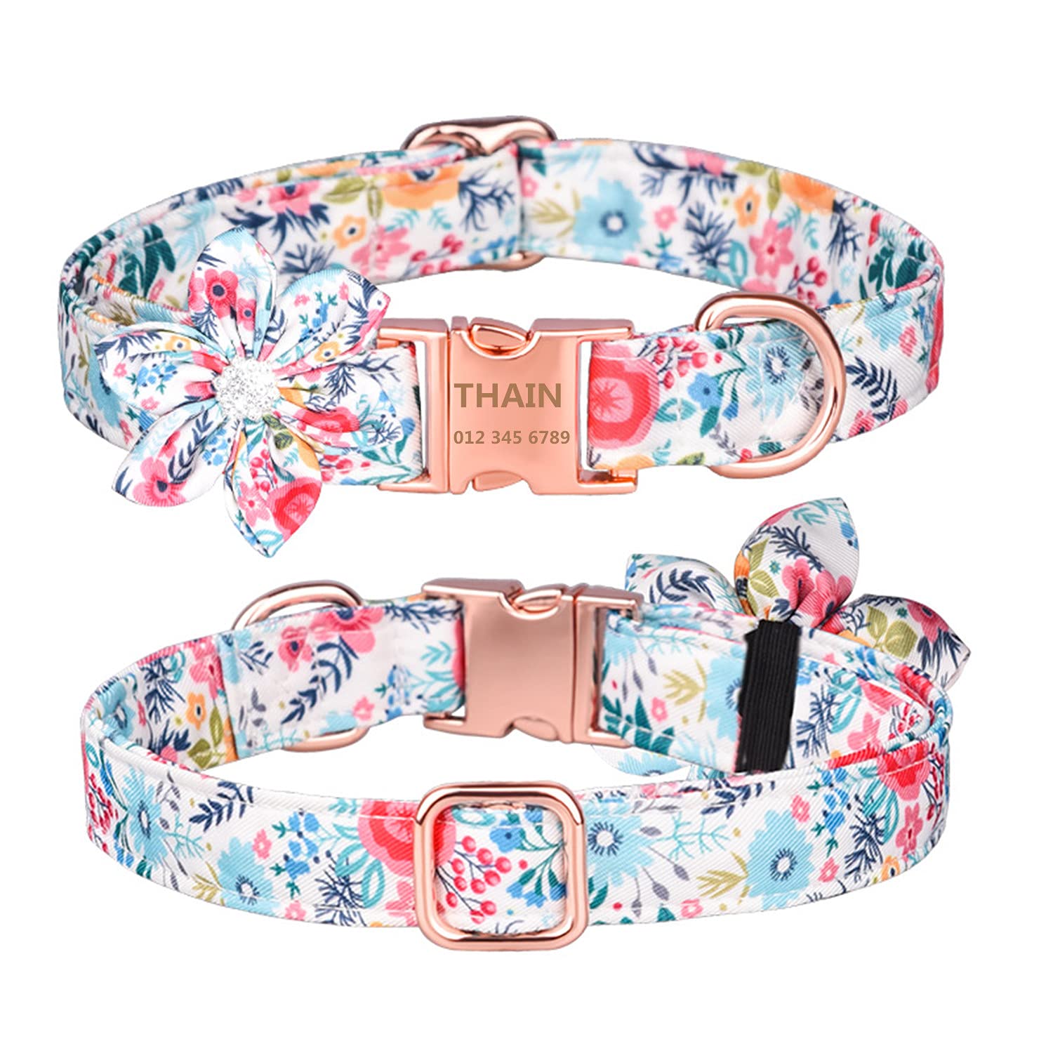 Custom Personalized Floral Dog Collar for Female Dogs - Engraved Name, Rose Gold Buckle, S (10.2-16.5