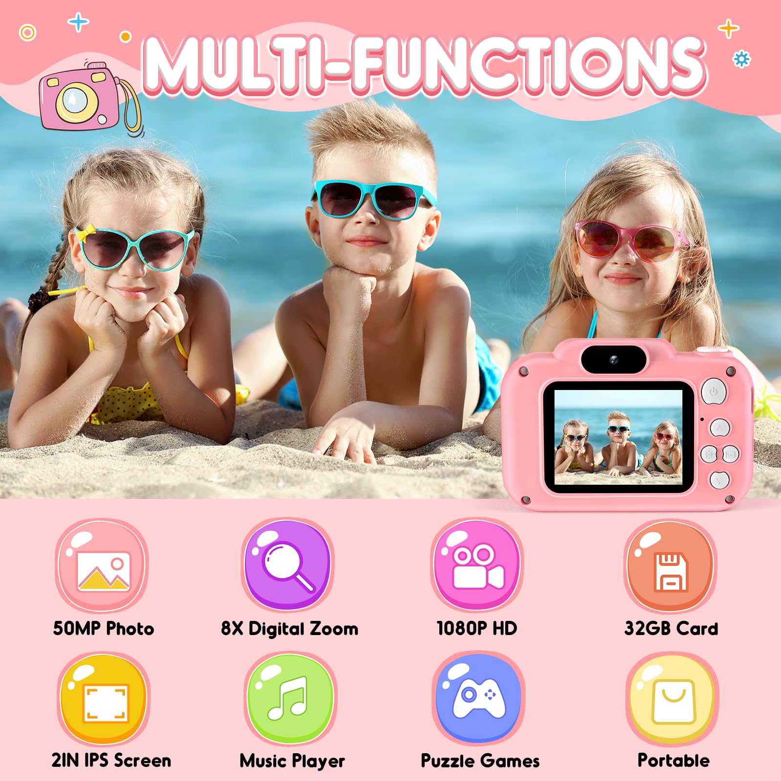 Upgraded Kids Digital Camera - 50MP 1080P HD Selfie Video Camera with 32GB SD Card - Best Birthday Gift for Boys & Girls Ages 3-9 (Pink) - Perfect for Travel, Parties & Outdoor Adventures