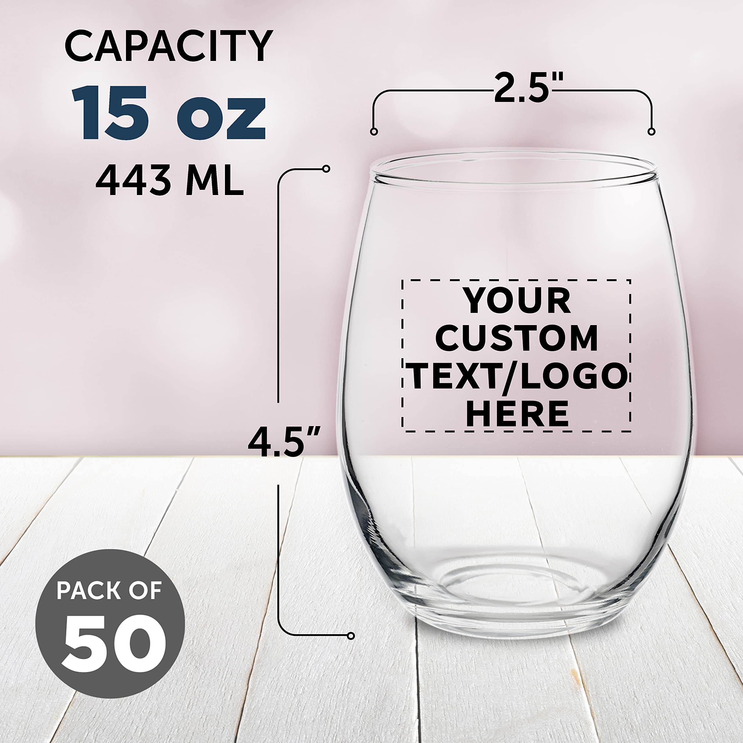 ARC Perfection 15 oz Custom Stemless Wine Glasses - Bulk Set of 50 Personalized Bar Glasses for Restaurants, Weddings & Events - Ideal for Red Wine, White Wine & Cocktails - Durable Clear Glassware for Commercial Use