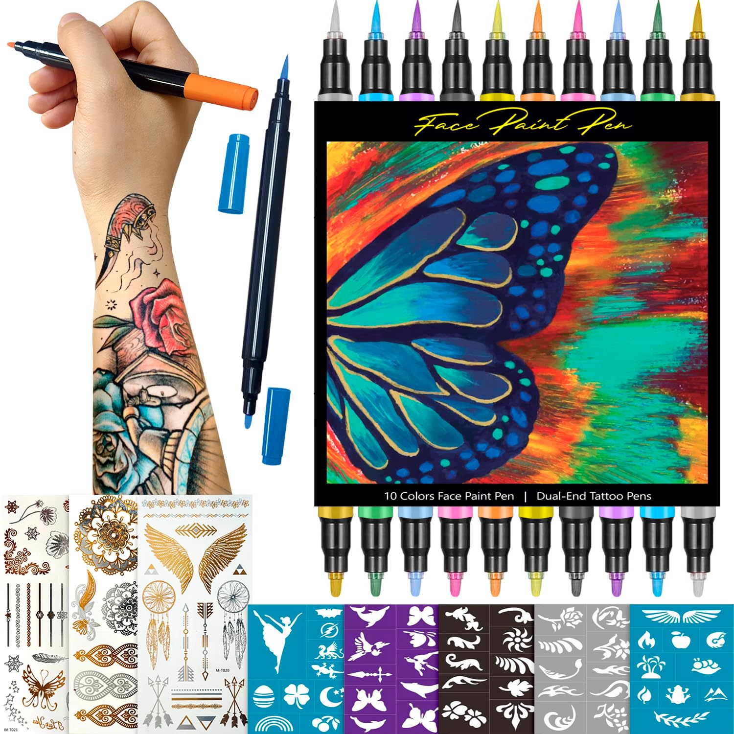 10 Colors Temporary Tattoo Markers for Skin - Dual Tip Washable Metallic Body Art Pens with Stencils | Safe Non-Toxic Face Paint Kit for Kids & Adults | Perfect for Halloween, Costume Parties, Festivals and Creative Body Art