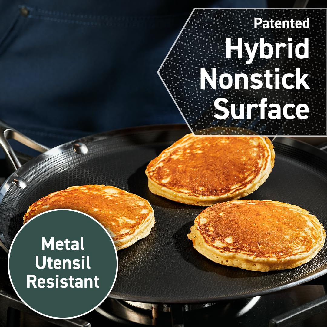HexClad Hybrid Nonstick 12-Inch Griddle Pan - Stay-Cool Handle, Dishwasher & Oven Safe (900°F), Induction Compatible for All Cooktops - Perfect for Pancakes, Burgers & Seared Steaks at Home
