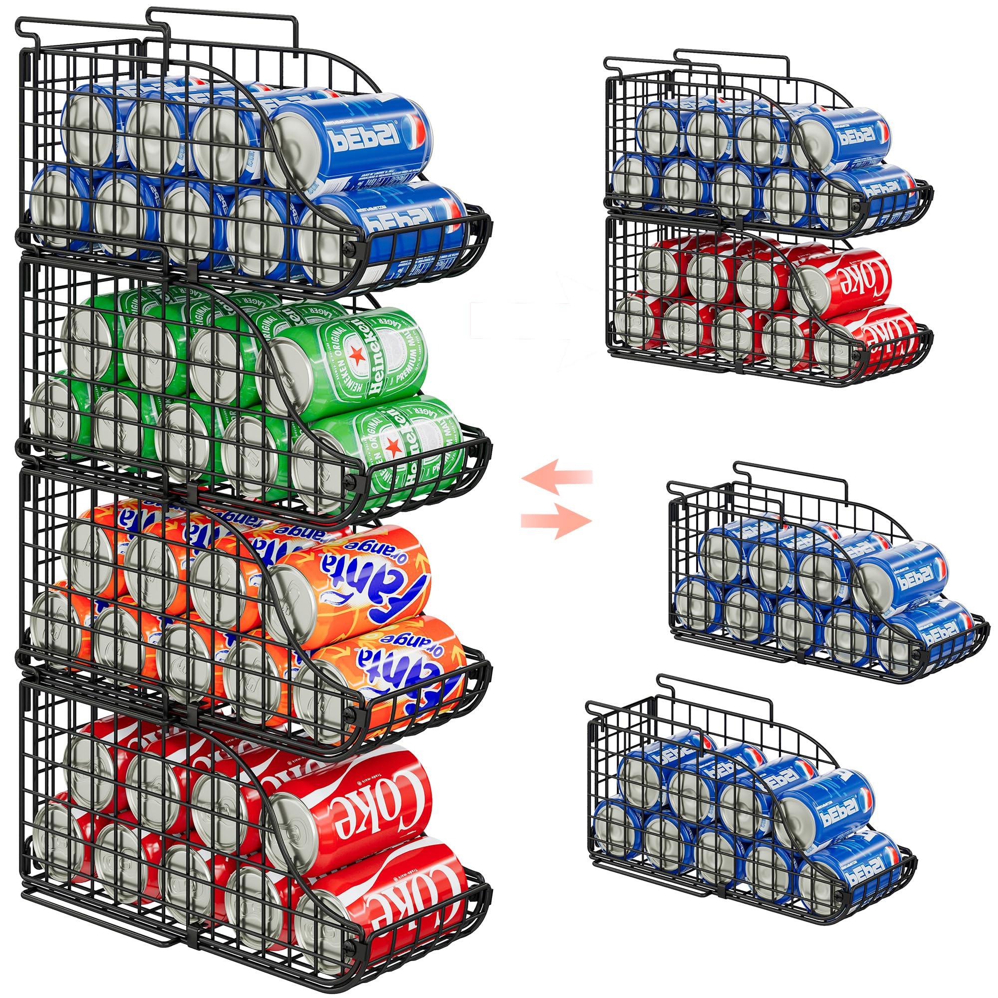 4-Pack Stackable Canned Food Organizer with Handles - Kitchen & Pantry Organizer for Soda Cans, Wire Cabinet Shelf Storage - Foldable Can Dispenser (Black) - Perfect for Kitchen Cabinets, Pantry Shelves & Fridge Organization