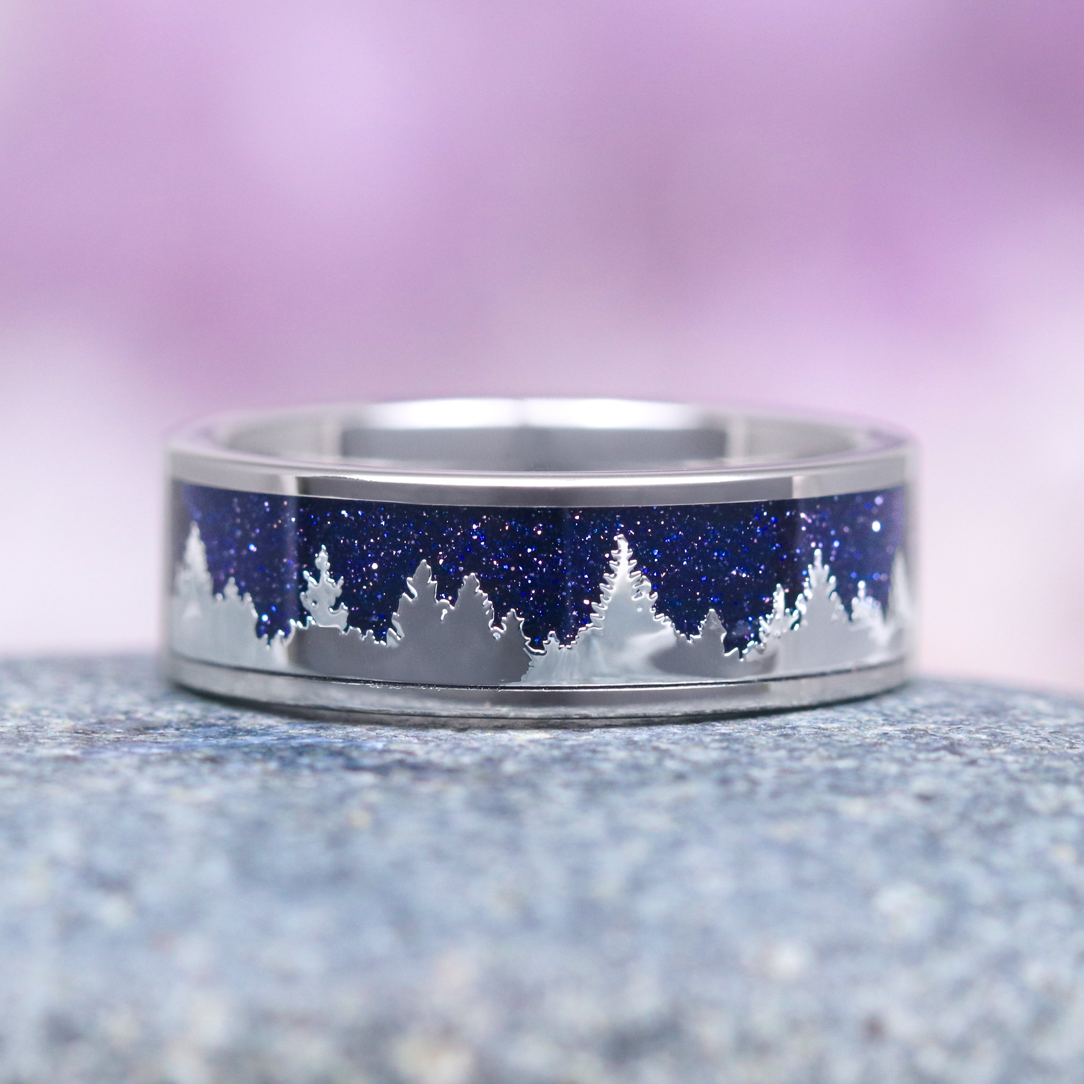 8MM Tungsten Wedding Band for Men - Starry Night & Trees Design, Comfort Fit, Durable & Scratch Resistant - Perfect for Engagements, Anniversaries, and Special Occasions