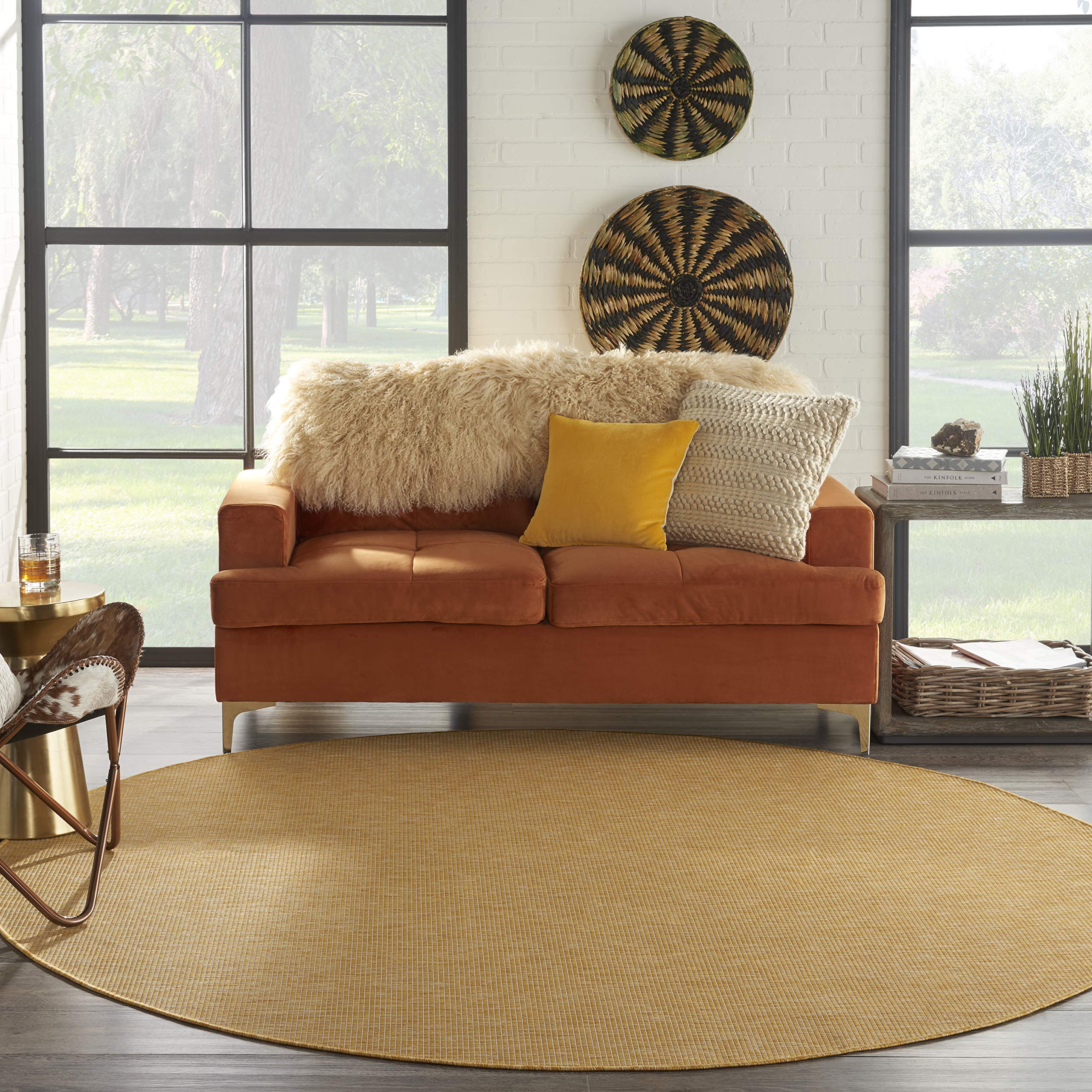 Nourison Positano 8' Round Indoor/Outdoor Area Rug - Yellow, Easy to Clean, Non-Shedding for Bedroom, Living Room, Dining Room | Perfect for Backyard, Deck & Patio Use
