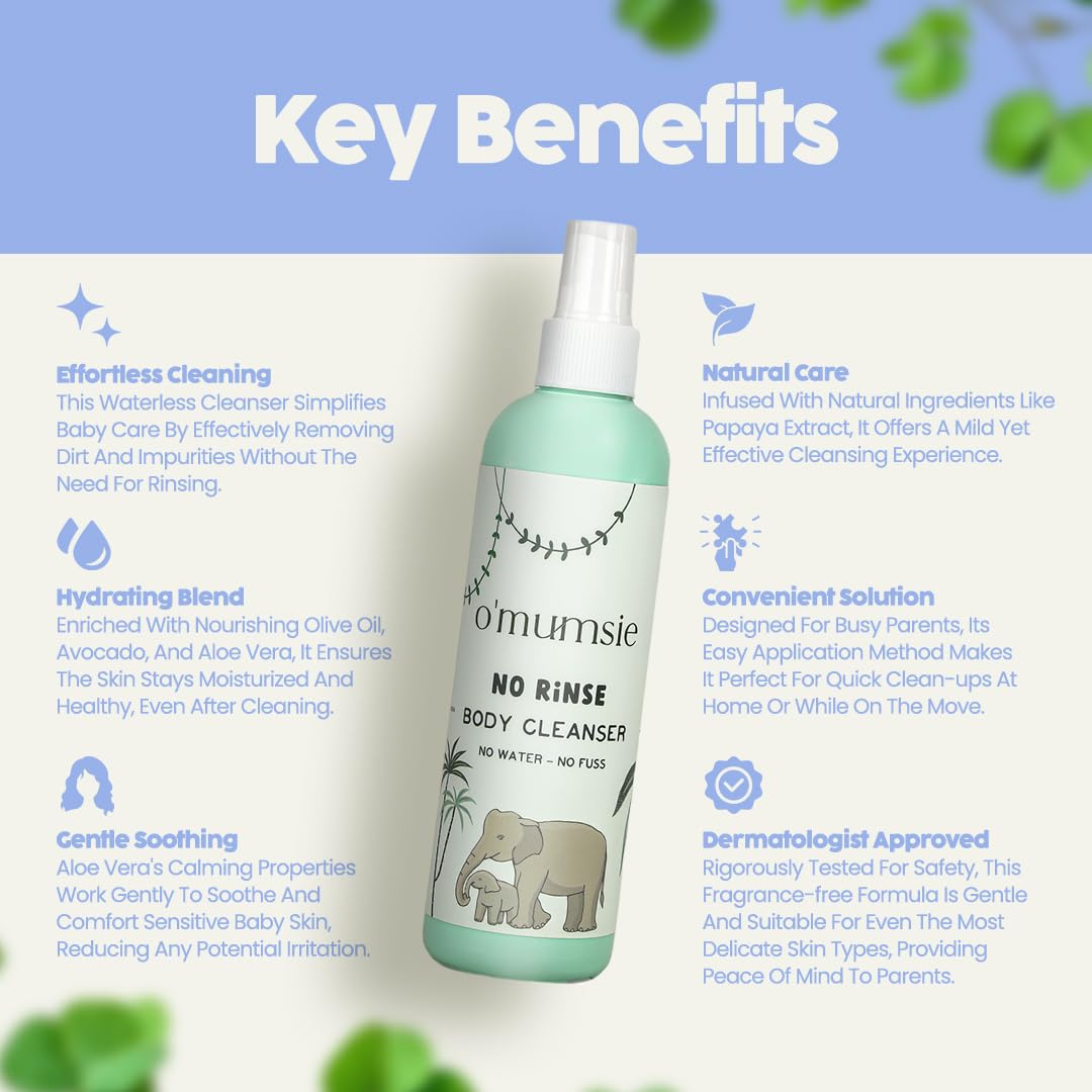 O'mumsie Organic Baby Cleanser Spray - No Rinse, Waterless Formula with Aloe Vera & Papaya Extract | Fragrance-Free, Vegan, Hypoallergenic (100ml) | Perfect for Travel, Diaper Changes & Sensitive Skin Care