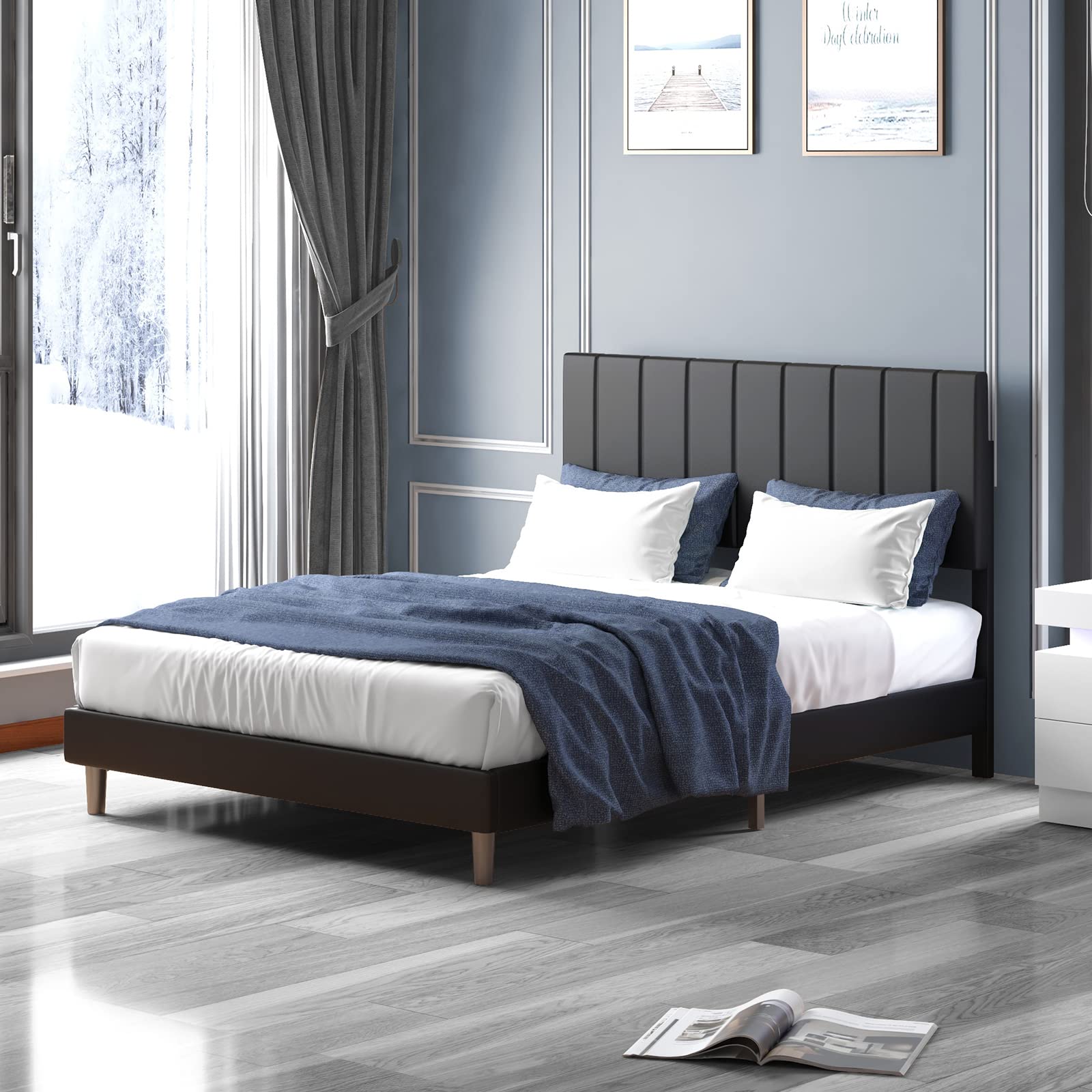 Modern Queen Size Platform Bed Frame with Geometric Headboard - Wood Slat Support, No Box Spring Needed, Easy Assembly in Black - Perfect for Contemporary Bedrooms & Guest Rooms