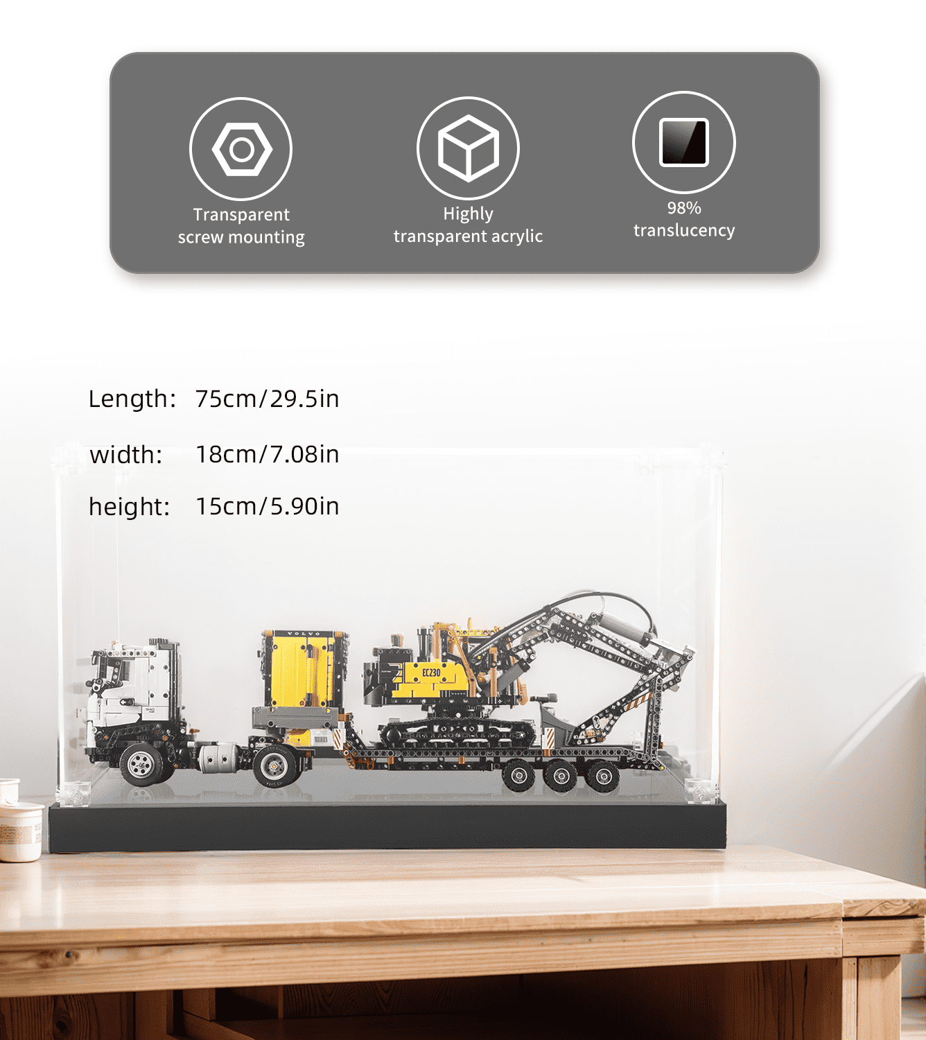 LEGO Volvo FMX Truck & EC230 Electric Excavator 42175 Display Case - Premium Acrylic Showcase for LEGO Technic Models - Perfect for Home Decoration, Office Display & Collector's Showcase