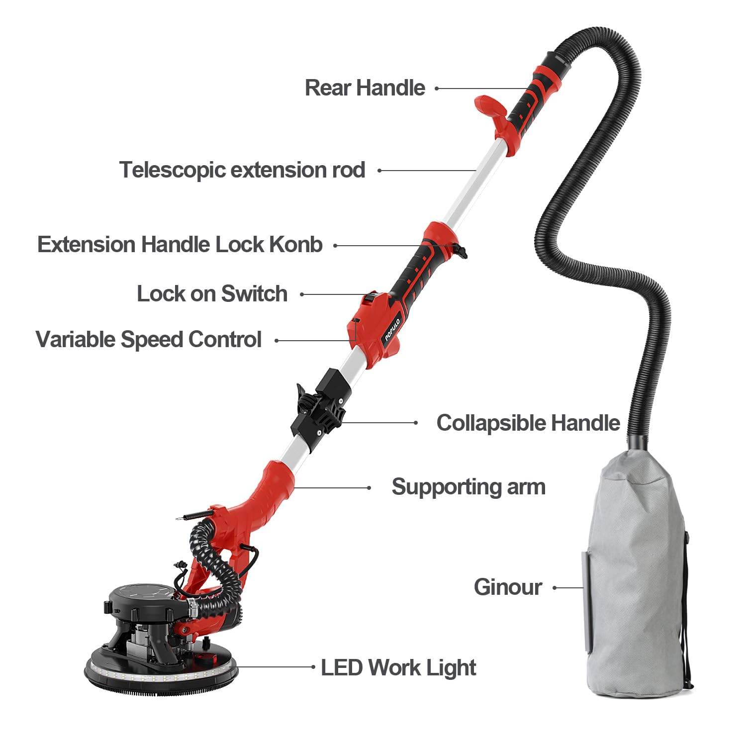 POPULO 810W 7A Electric Drywall Sander with Vacuum Attachment - 6 Speed Adjustable (1800RPM) Wall & Ceiling Sanding Tool with LED Light - Perfect for Drywall Repair, Home Renovation & Professional Construction Projects