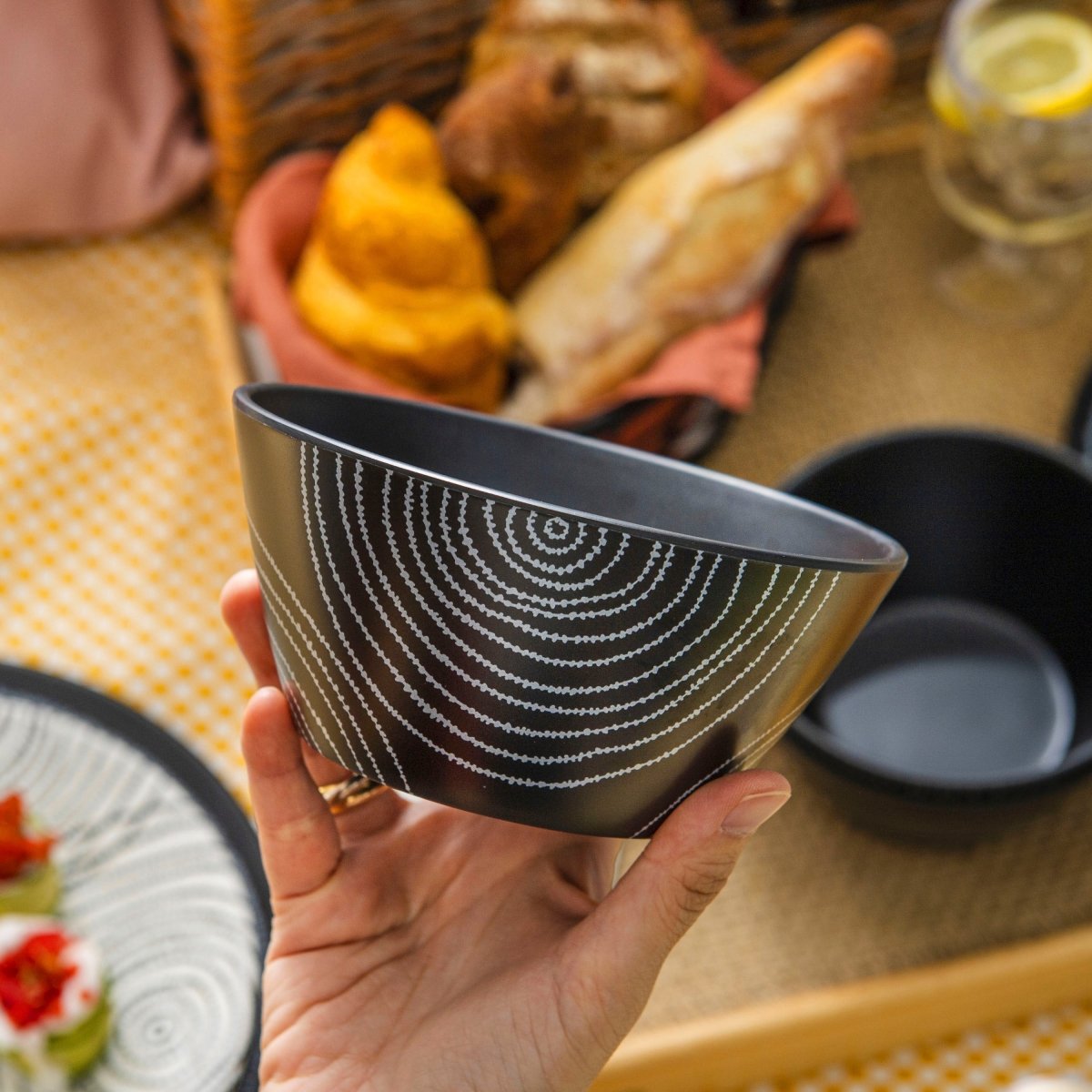 12-Piece Black Planet Melamine Dinnerware Set - Plates & Bowls for Outdoor Picnics, Camping, and Durable Everyday Use