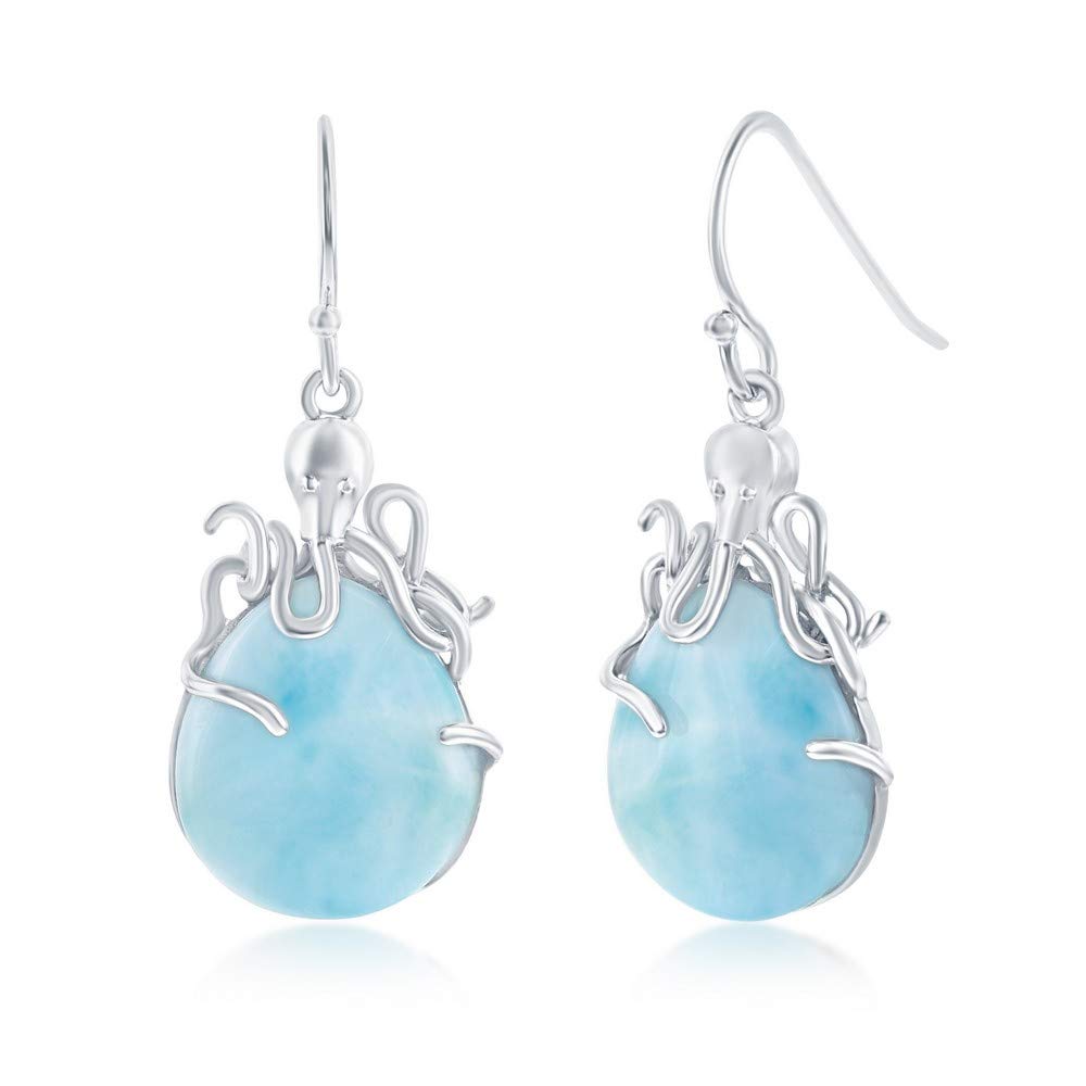 Natural Larimar Sterling Silver Earrings for Women - Blue Larimar Jewelry with Sea Animal Designs (Crab, Turtle, Octopus, Fish) - Unique Handmade Dangle Earrings | Perfect for Beach Vacations, Summer Outfits & Boho Fashion