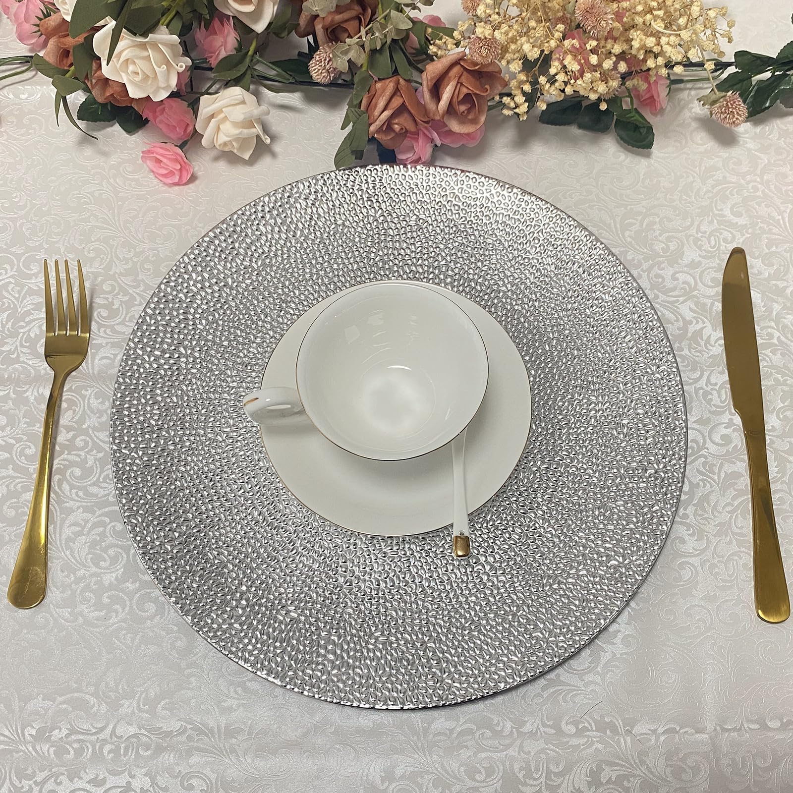 13 Inch Round Plastic Charger Plates Set of 8 - Elegant Dinner Plates for Wedding, Party & Event Decorations (Bubble Silver) - Perfect for Formal Dining, Buffet Serving & Table Setting
