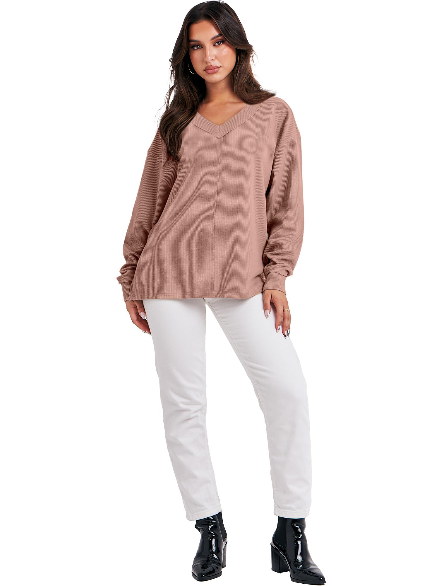 Caracilia Women's Oversized Off Shoulder Long Sleeve Waffle Knit Sweater - V Neck Pullover Top for Fall 2024 | Casual Outfit, Date Night, Autumn Layering