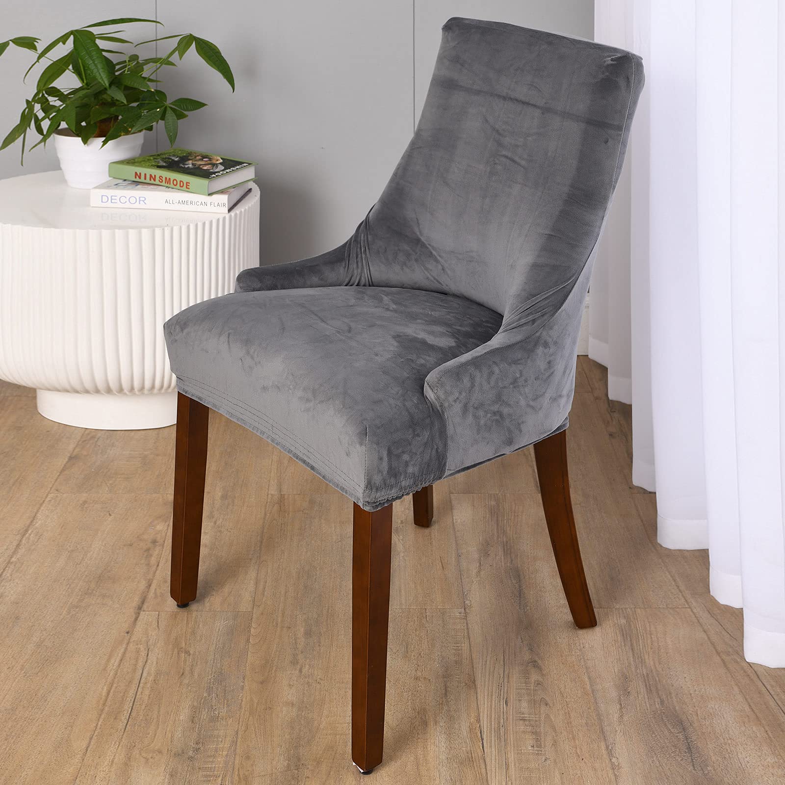 OKYUK 2-Pack Velvet Wingback Chair Slipcovers - Stretchable, Washable Armchair Protectors for Dining Room, Banquet & Home Decor (Dark Gray) | Perfect for Living Room, Office & Party Furniture Protection
