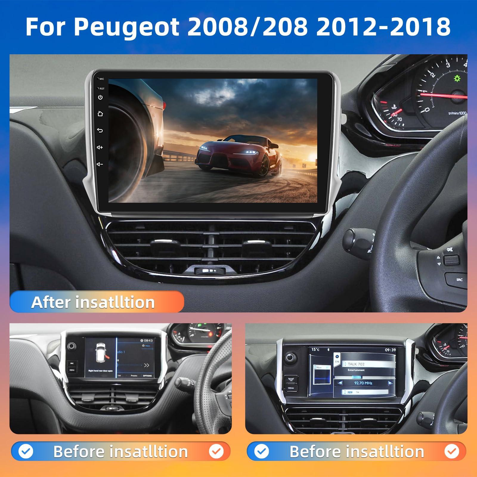 9 Inch Android 13 Car Radio for Peugeot 2008/208 (2012-2018) - Wireless CarPlay & Android Auto - 4+64GB DSP Touchscreen with WiFi GPS/Mirror Link + AHD Backup Camera - Perfect for Hands-Free Calling & Safe Parking
