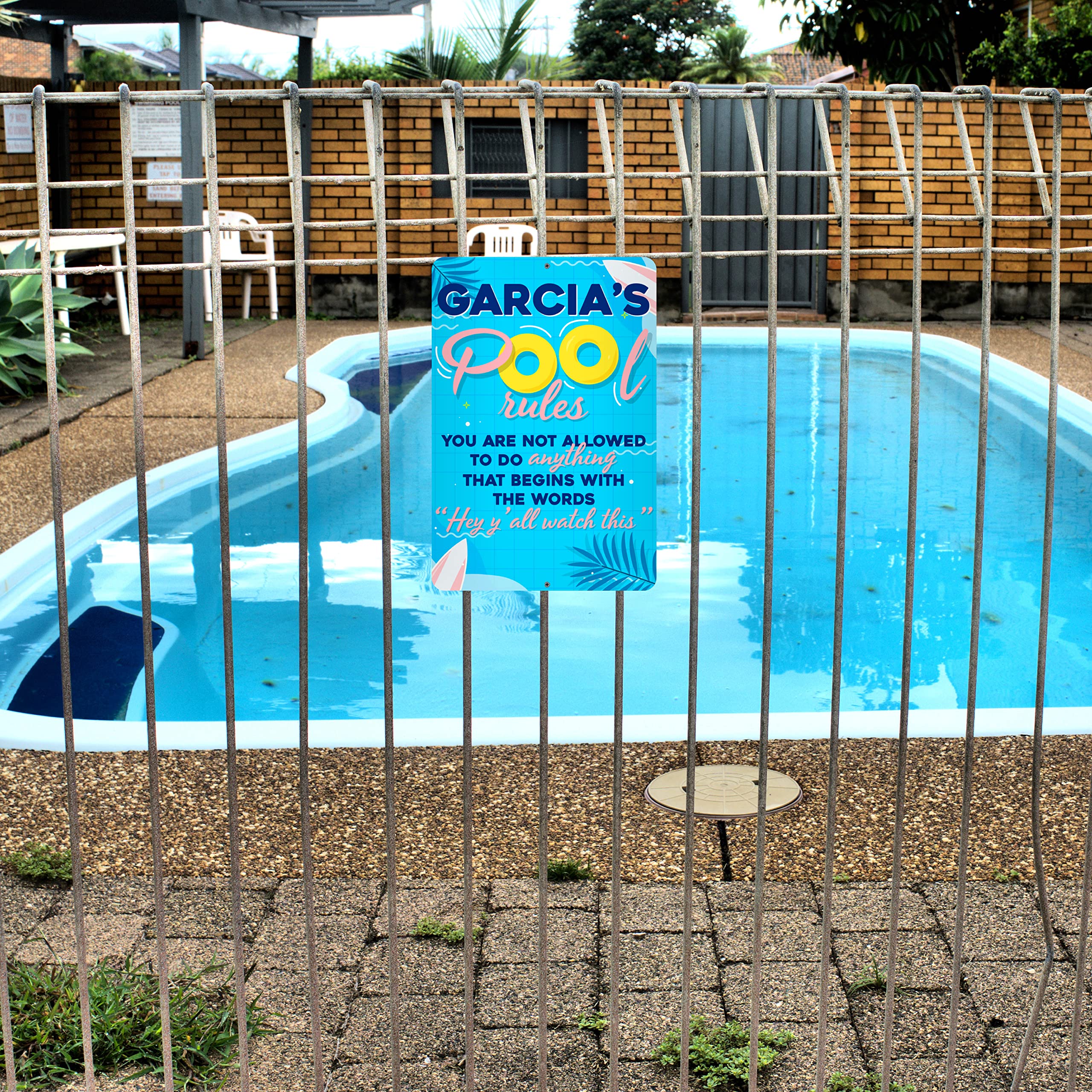 Personalized Pool Sign with Name - Custom Metal Sign for Garden, Patio, Hot Tub & Pool Deck | 7 Unique Designs | Funny Backyard Decor & Gift for Swimming Pool Owners | Perfect for Outdoor Decor, Housewarming & Pool Party Gifts