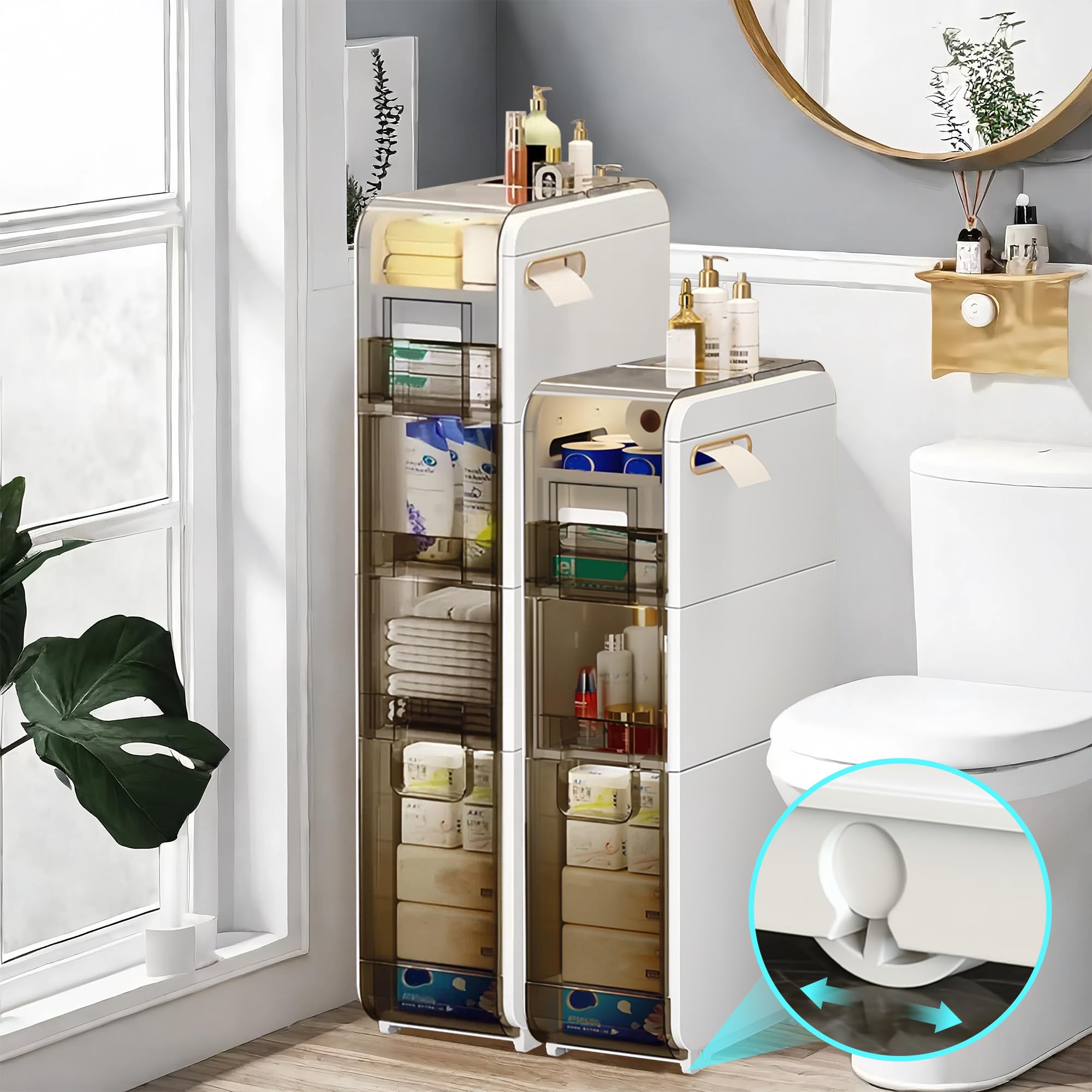 3-Tier Slim Bathroom Storage Cabinet with Drawers & Toilet Paper Holder - Waterproof Plastic Narrow Organizer for Small Spaces, Kitchen, Laundry Room, Living Room - Perfect for Bathroom Essentials, Towels & Toiletries Storage