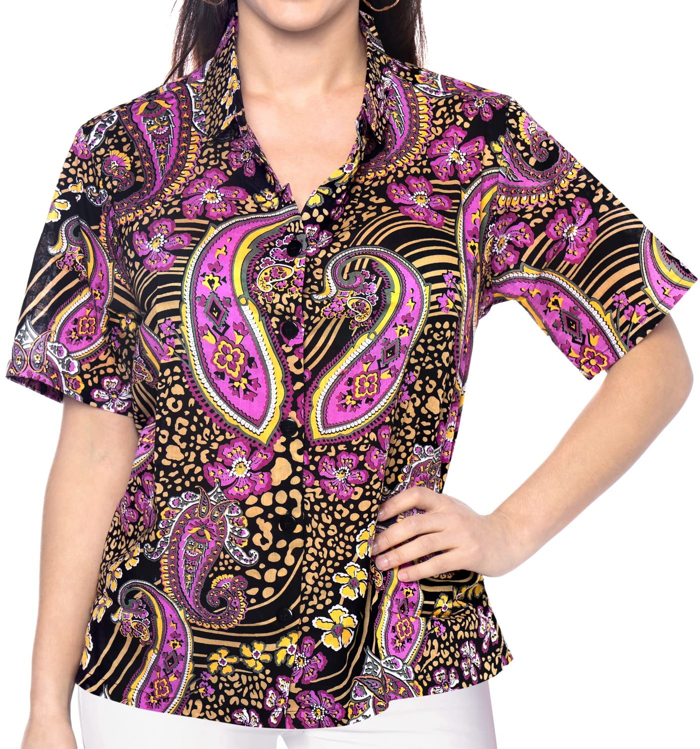 LA LEELA Women's Hawaiian Shirt - Floral Print Short Sleeve Beach Blouse for Summer Vacation, Pool Party & Tropical Getaway