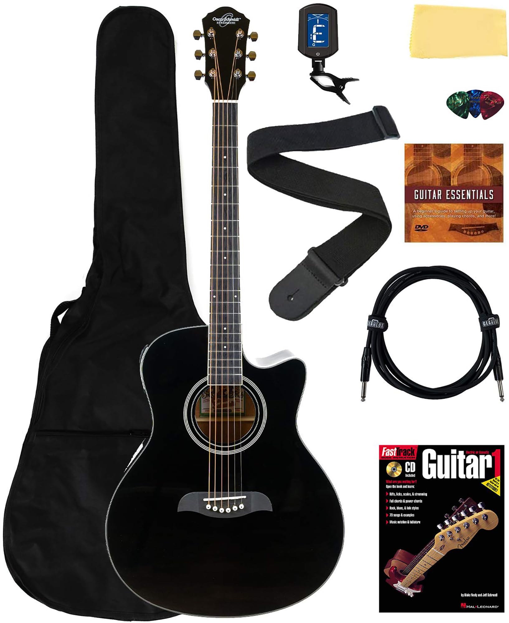 Oscar Schmidt OA10CE Mini Auditorium Acoustic-Electric Guitar Bundle - Black with Gig Bag, Tuner, Strap, Picks & Accessories | Perfect for Beginners, Travel & Live Performances