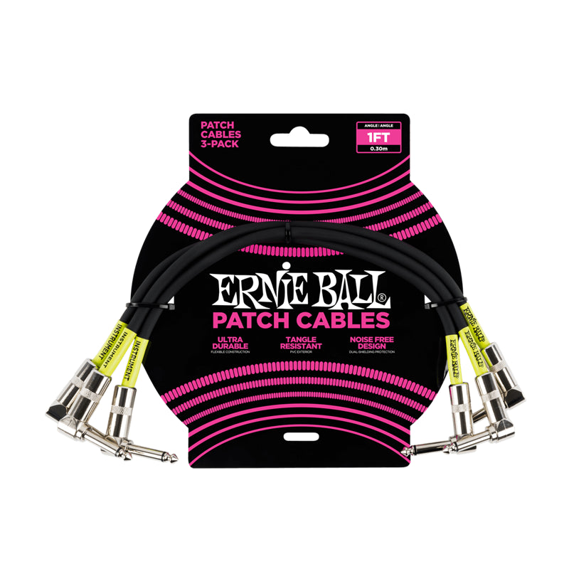 Ernie Ball P06075 1ft Black Right Angled Patch Cable 3 Pack - Premium Instrument Cable for Guitar, Bass & Audio Equipment - Perfect for Stage, Studio & Home Use
