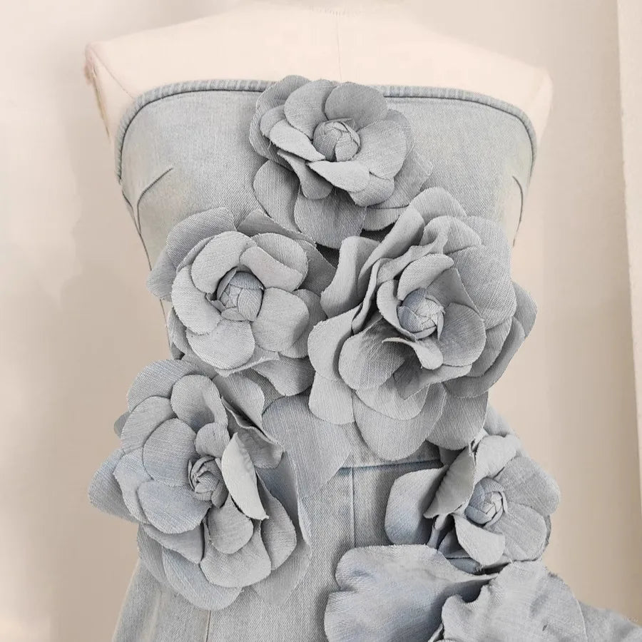 3D Floral Applique Strapless Denim Jumpsuit for Women - Off Shoulder Sleeveless High Waist Romper - Solid Color Full Length Overalls for Summer Outings & Beach Vacations