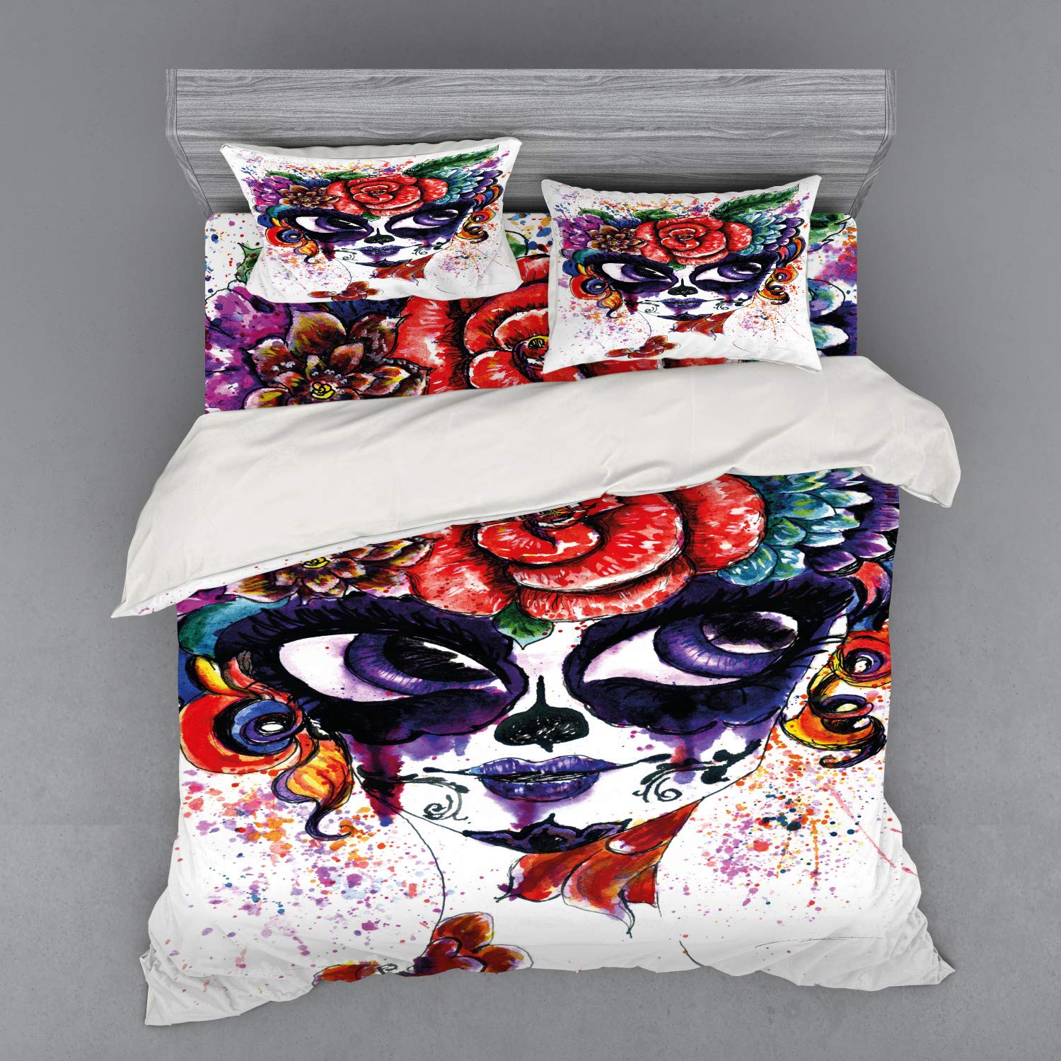 Ambesonne Sugar Skull Duvet Cover Set - Watercolor Floral Crown Mexican Day of the Dead Queen King Size 4-Piece Bedding Set with Pillow Shams & Fitted Sheet, Vibrant Multicolor for Gothic Boho Bedroom Decor