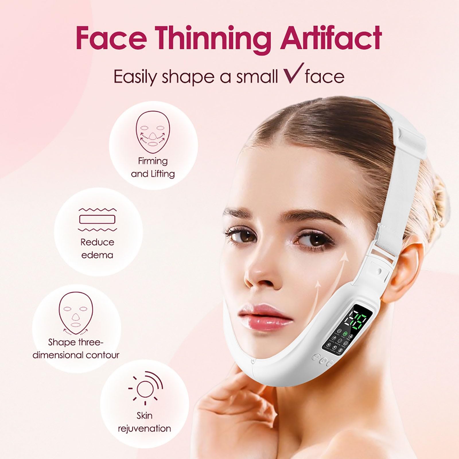 Electric V-Face Massager with 8 Modes & 15 Intensity Levels - V-Line Double Chin Reducer for Face Lifting & Contouring - Large White Facial Massage Device for Home Spa & Skincare Routine