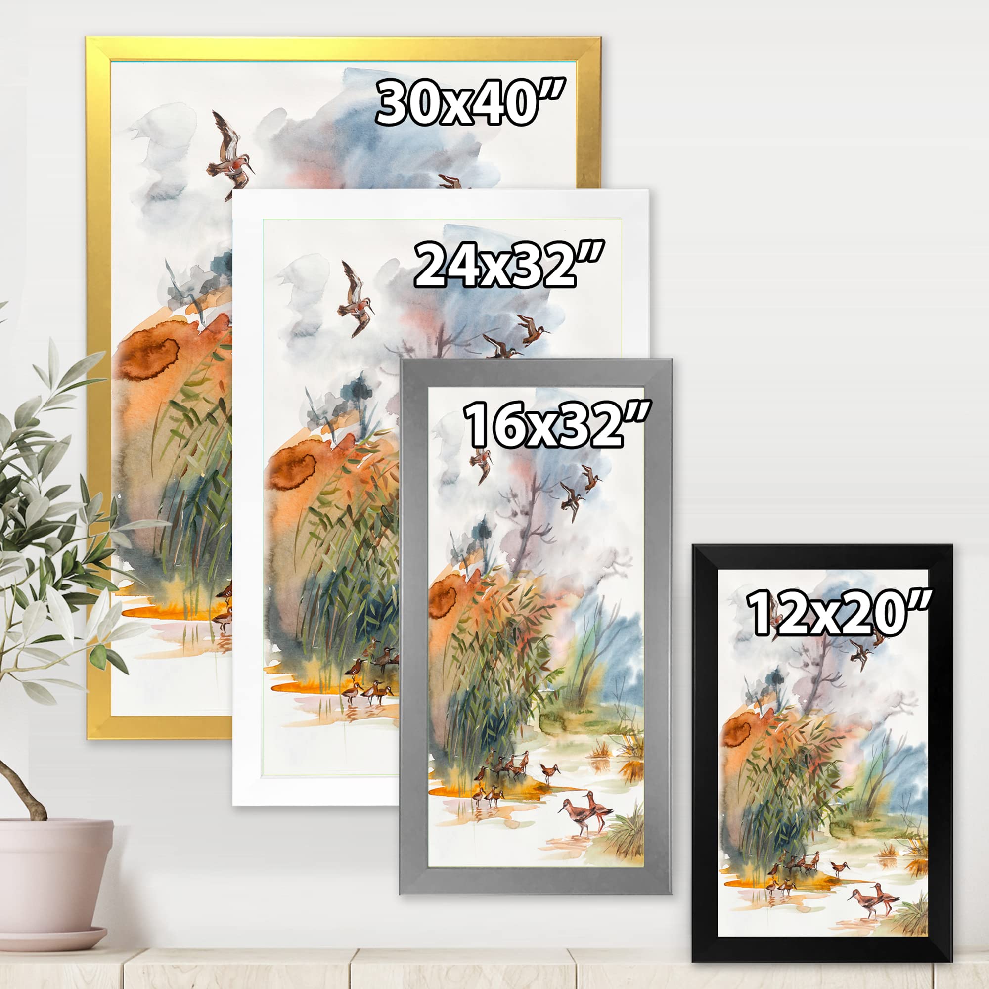 Autumn Landscape Flying Over Water - Traditional Framed Wall Art for Living Room, Bedroom & Office Decor