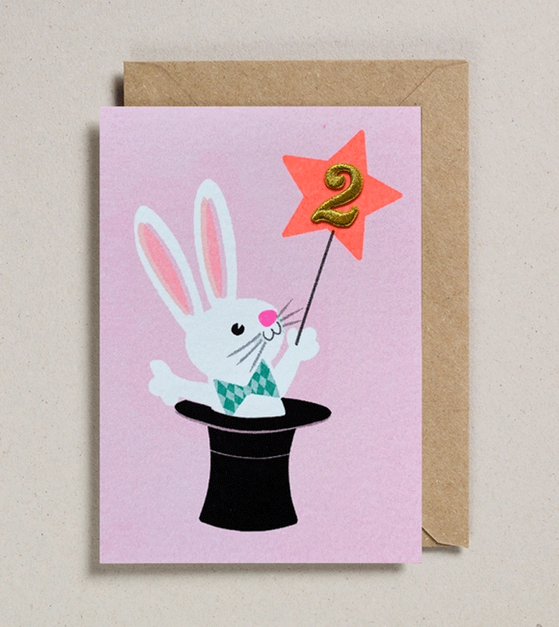 Magic Rabbit Birthday Card for 2 Year Old - Handmade Greeting Card by Petra Boase - Perfect for Toddler's Birthday Party & Gift Giving