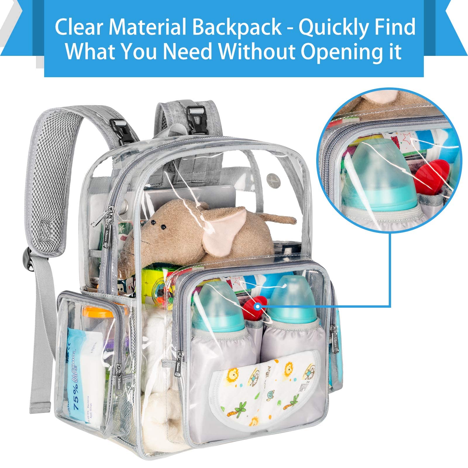 **Mancro Clear Heavy Duty Transparent Diaper Backpack for Dads - Large Multifunctional Travel & Maternity Baby Bag - Stadium Approved Nappy Changing Backpack for Parenting, Travel & Outdoor Adventures**
