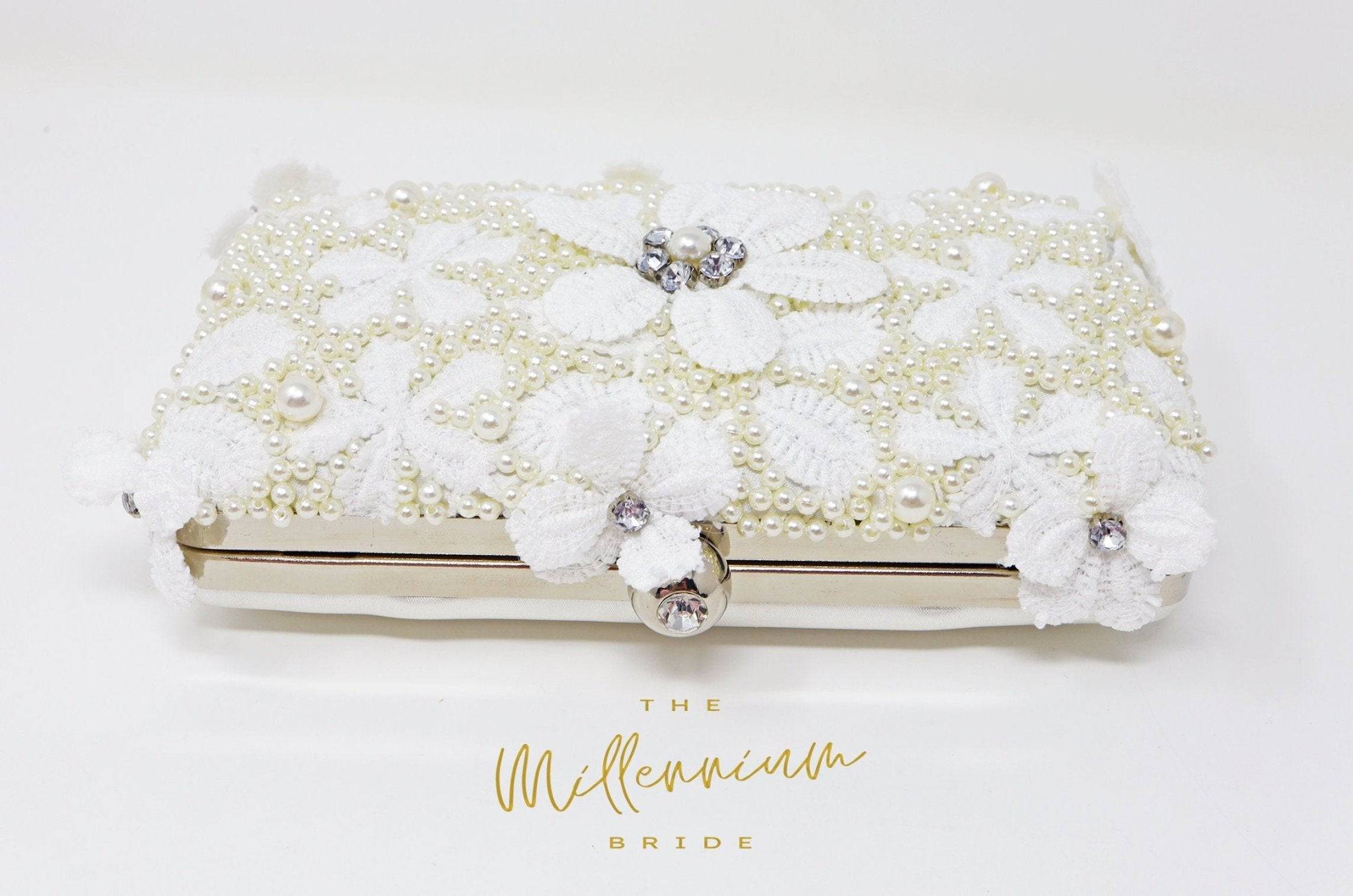 Elegant White Lace Pearl Floral Embroidered Wedding Clutch Purse - Bridal Evening Bag for Bride, Bridesmaid & Formal Events - Perfect for Weddings, Prom, Cocktail Parties & Special Occasions