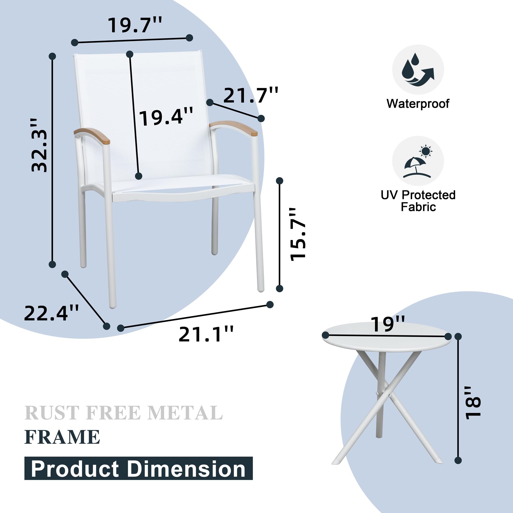 SUNLEI 3-Piece Outdoor Patio Bistro Set - Black Metal Chairs & Coffee Table Conversation Set for Garden, Balcony, or Backyard (Non-Rocking, White Finish) - Perfect for Relaxing, Entertaining, and Outdoor Dining