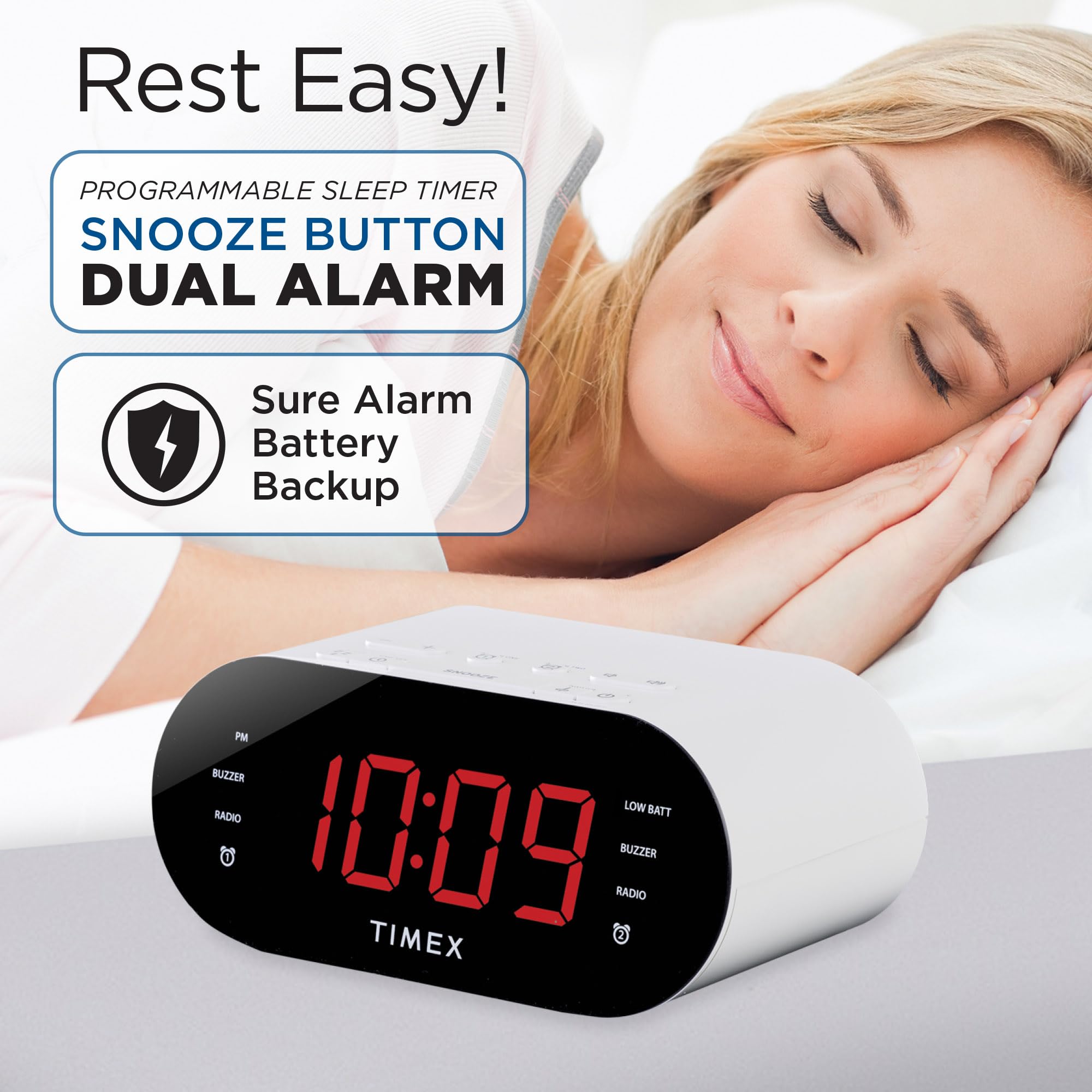 Timex T231W Digital Alarm Clock with AM/FM Radio - 20 Station Presets, Dual Alarms, Programmable Timer, Snooze & Volume Control | Perfect for Bedroom, Office and Travel Use