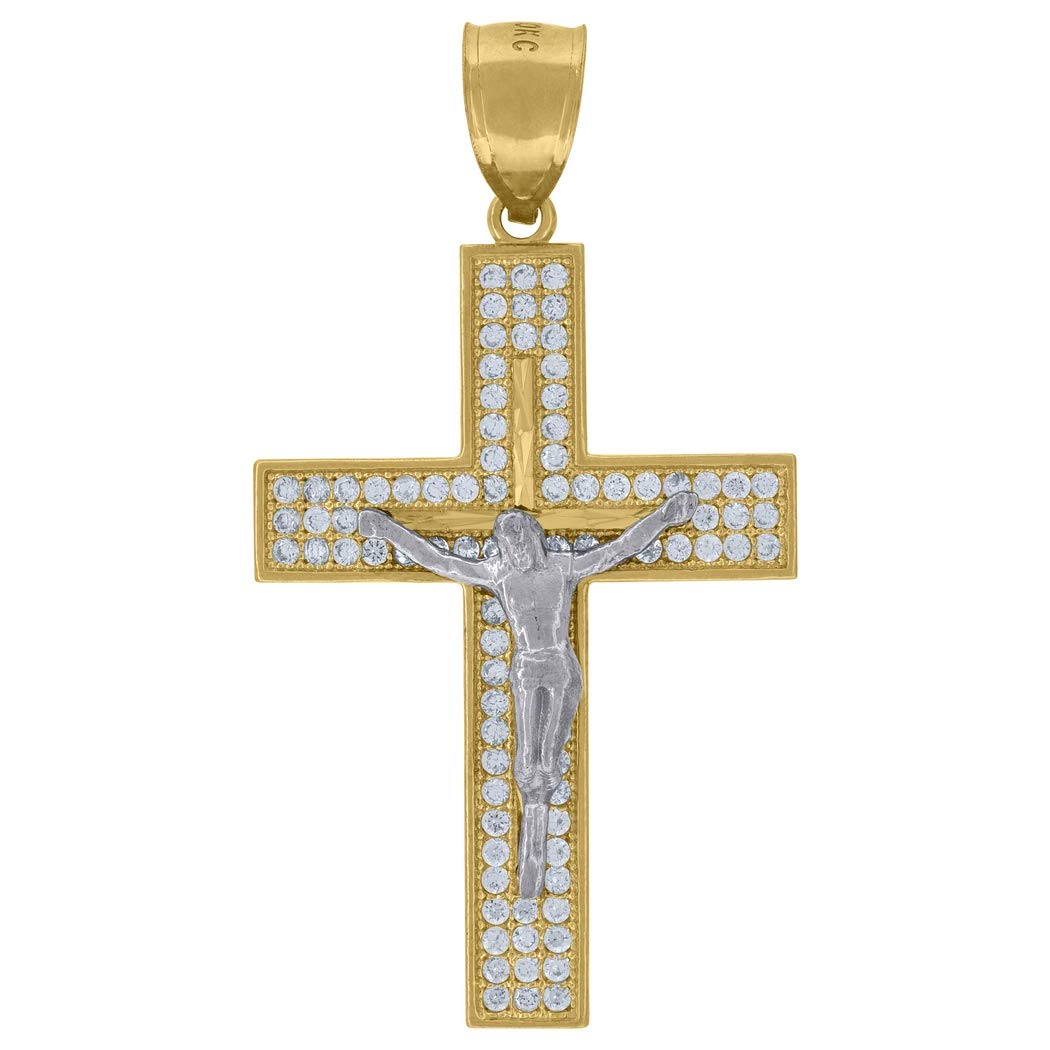 10K Gold Two-Tone CZ Men's Cross Crucifix Pendant Necklace - 43.3mm Height x 24mm Width - Religious Jewelry Gift for Him - Perfect for Baptism, Confirmation & Daily Wear