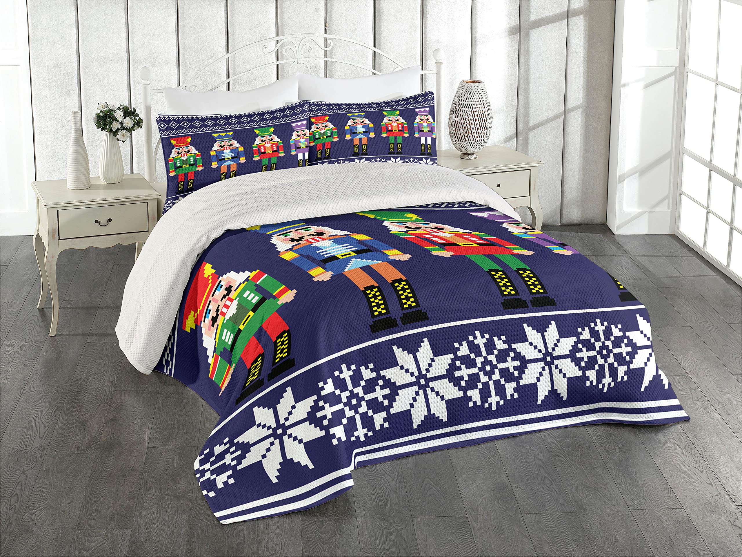 Lunarable Nutcracker King Size Quilted Bedspread Set - 3 Piece Christmas Bedding with 2 Pillow Shams, Colorful Retro Scandinavian Holiday Pattern in Indigo White | Festive Winter Bedroom Decor for Xmas Season